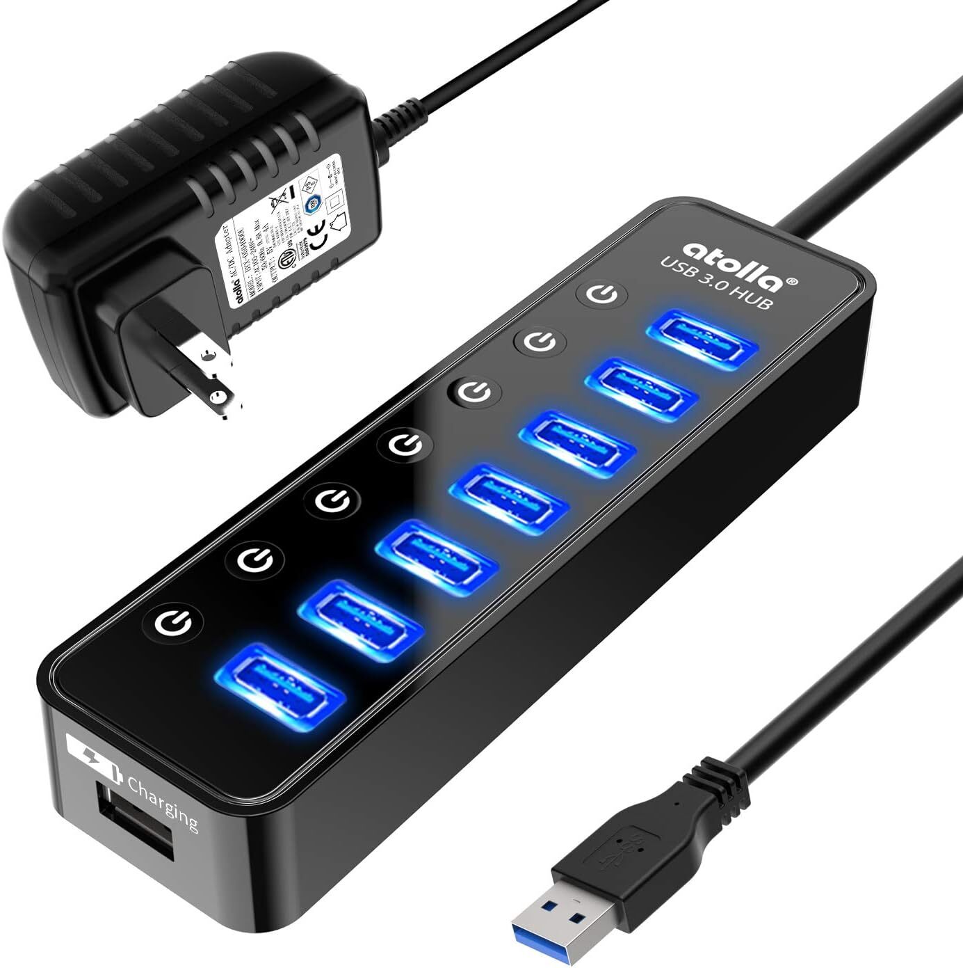 Atolla 7 Port Usb 3.0 Hub With Smart Charging Individual Switches And Adapter