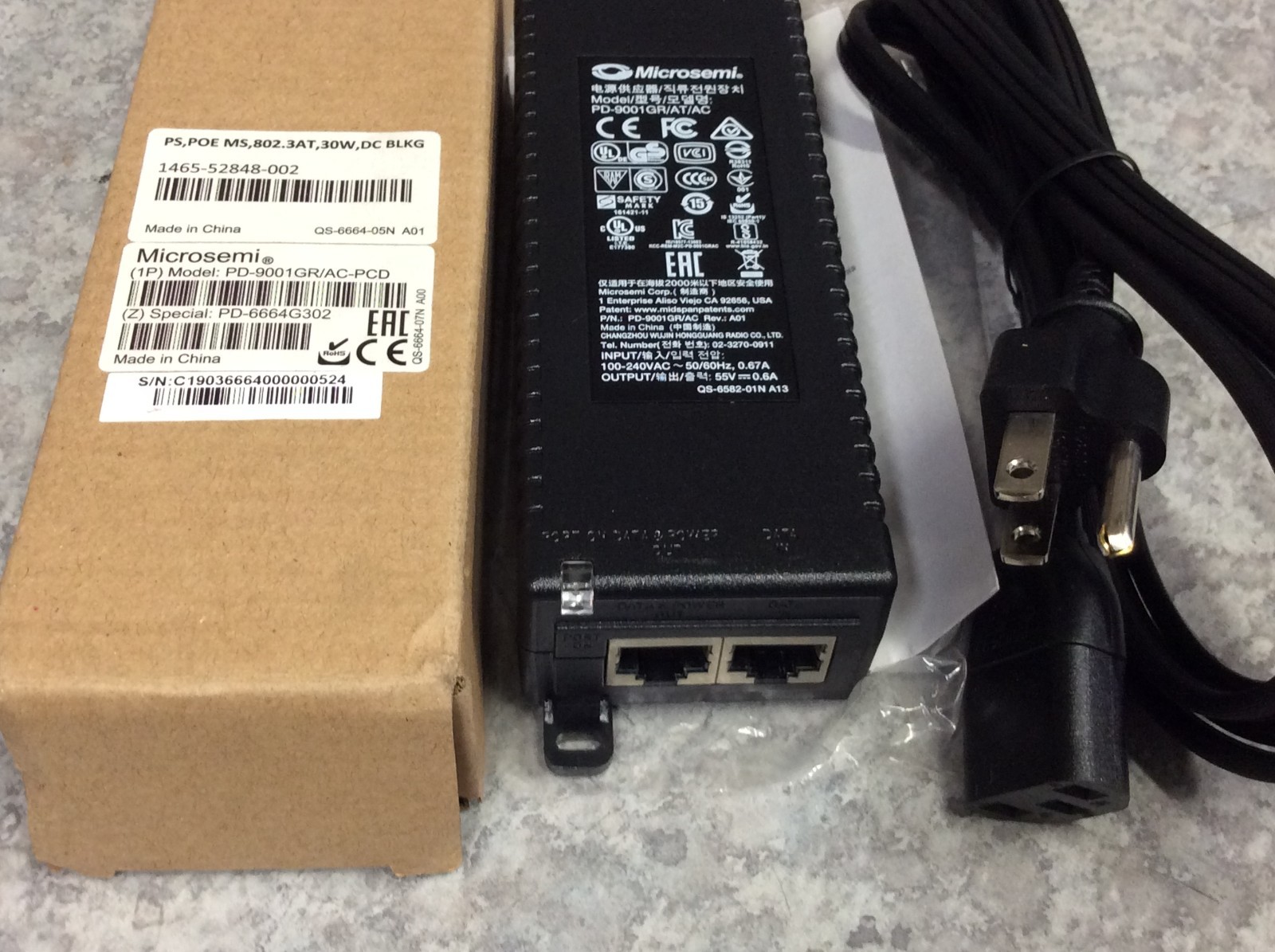 Microsemi PD-9001GR/AT/AC- 1-Port 802.3at Gigabit PoE Midspan Switch - New