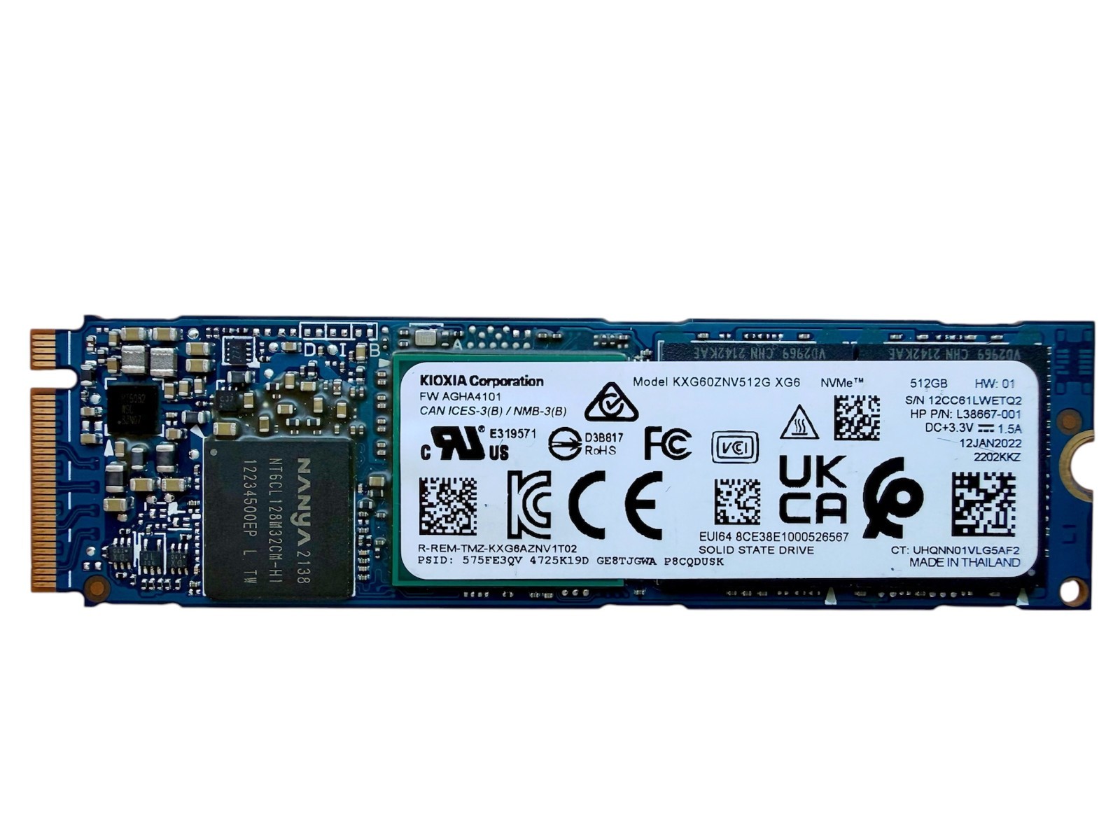 KIOXIA XG6 512GB KXG60ZNV512G M.2 2280 NVMe PCIe Gen3 x4 SSD OEM Used