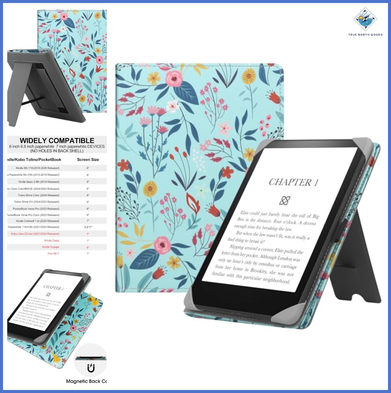 Universal E-Reader Case Compatible with 6-6.8 Inch Devices Floral Design