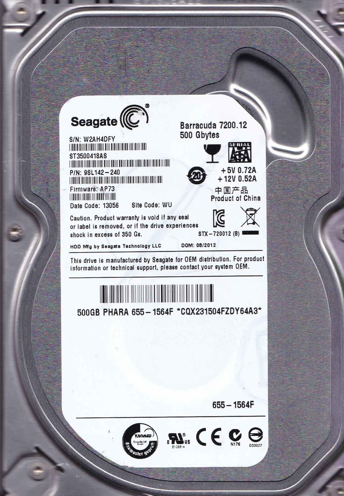 ST3500418AS p/n:  99SL142-240 s/n: W2A f/w: AP73 TK 08/2012 500GB 3.5"  SEAGATE