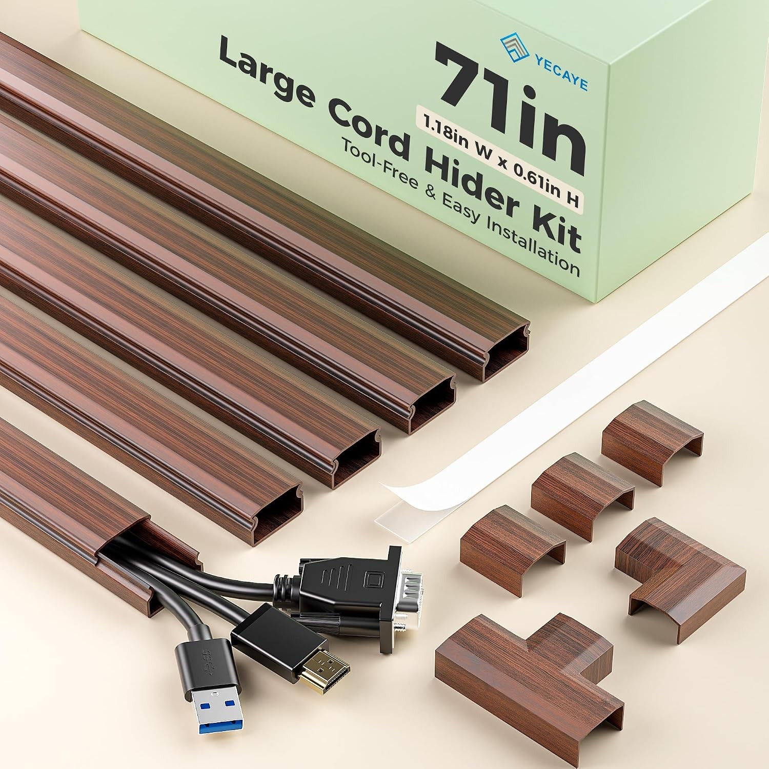 Yecaye TV Cord Hider, 71in Cord Cover, 1.18in W 0.61in H, Cherrywood