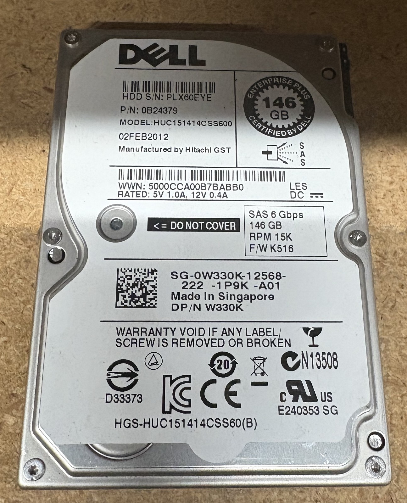 (LOT OF 3) GENUINE DELL 146GB SAS 2.5" 15K 6GBPS HDD / W330K