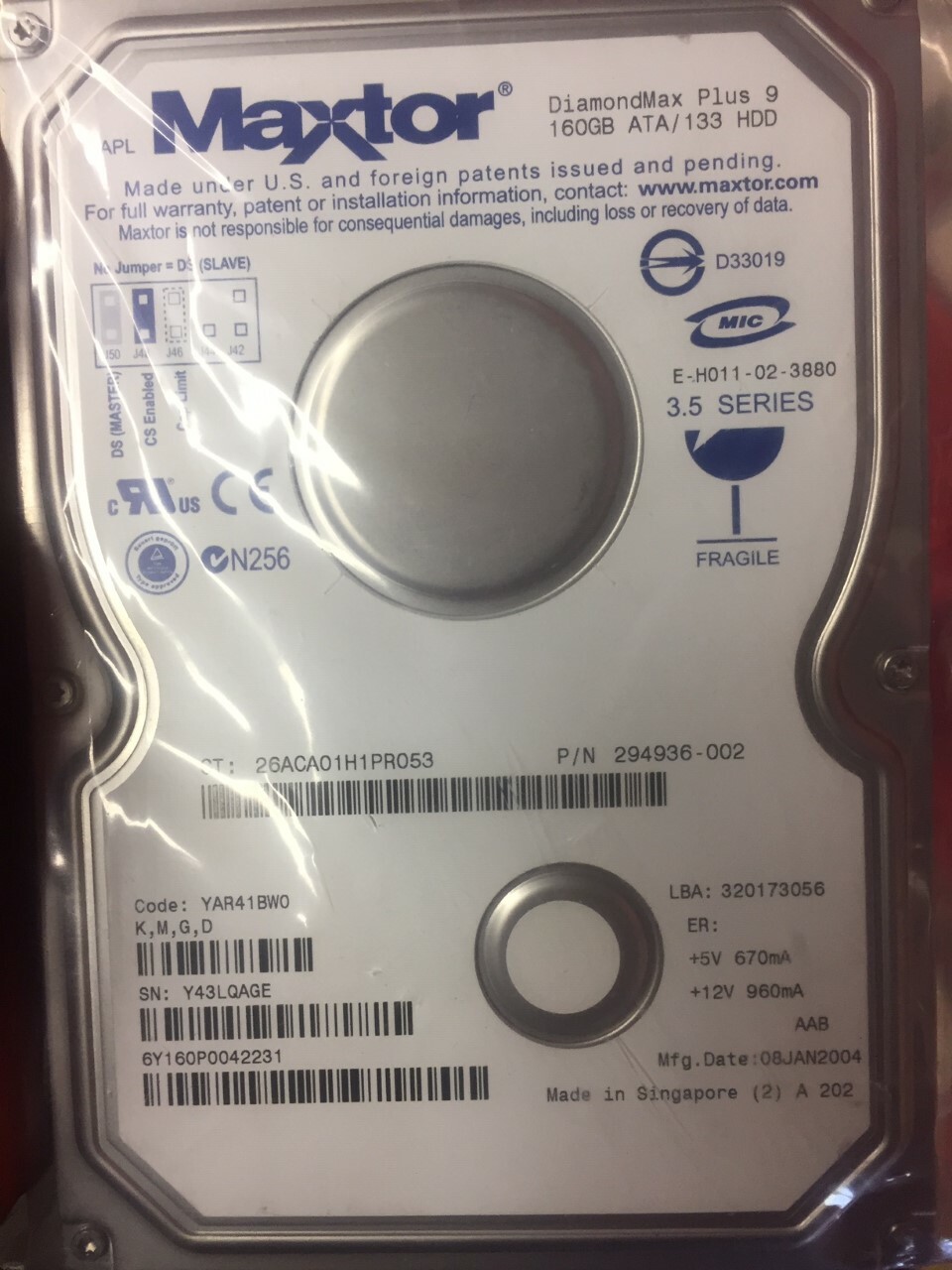HP MAXTOR 294936-002 160GB 3.5" HARD DRIVE 339665-001 326510-001 NO TRAY