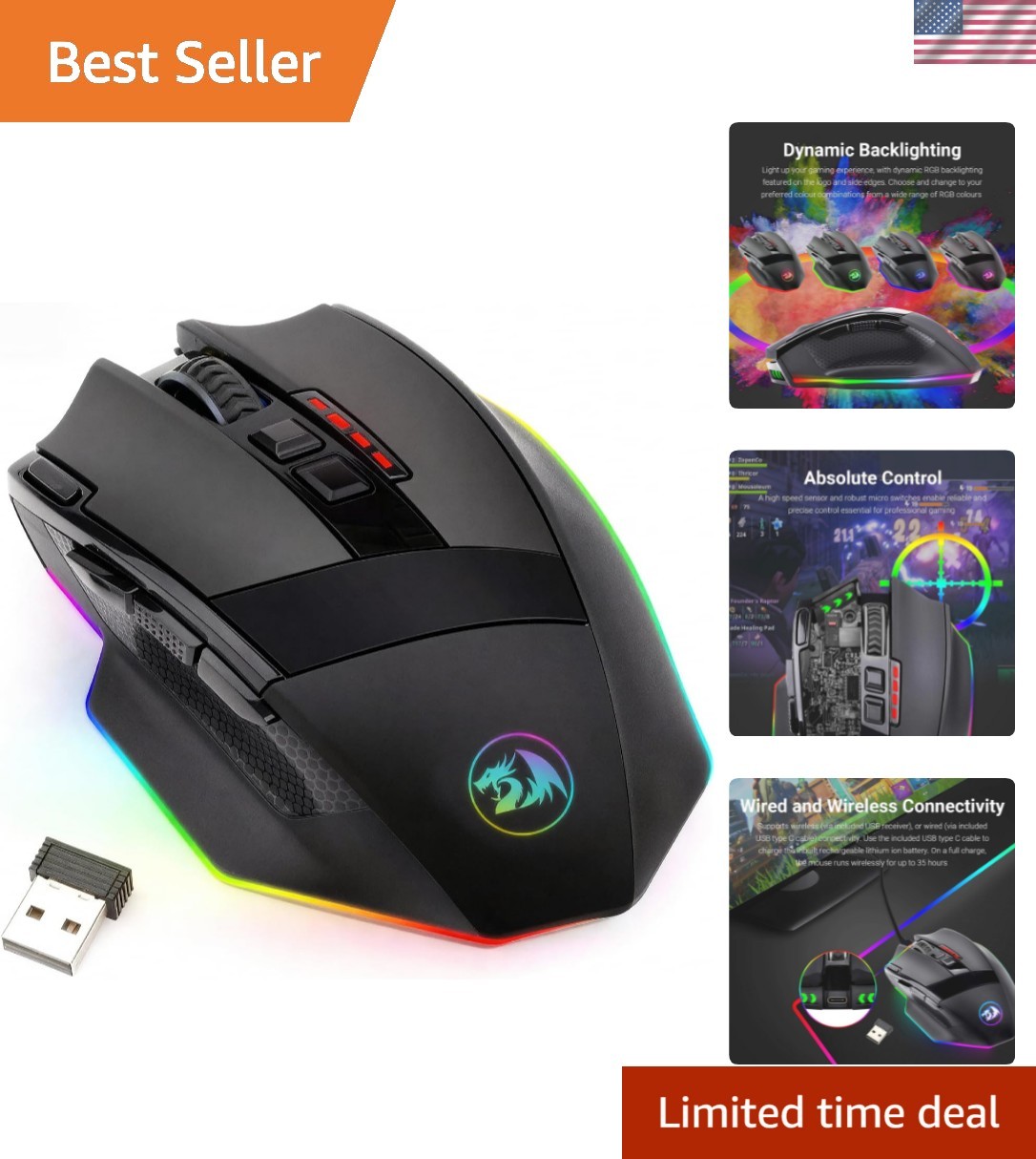 M801 Wireless Gaming Mouse, RGB Gaming Mouse with MMO 9 Programmable Macro Ed...