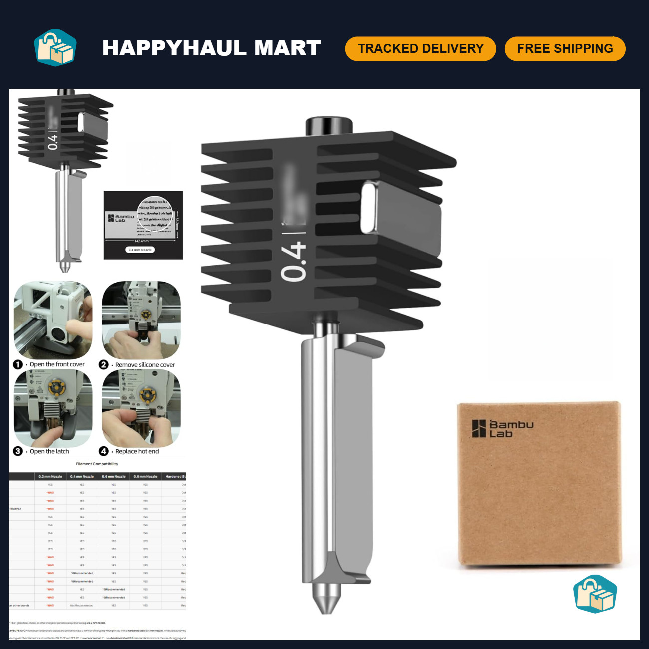 All Metal Hotend Kit for A1 Mini 3D Printer - 0.4mm Hardened Stainless Steel Ext