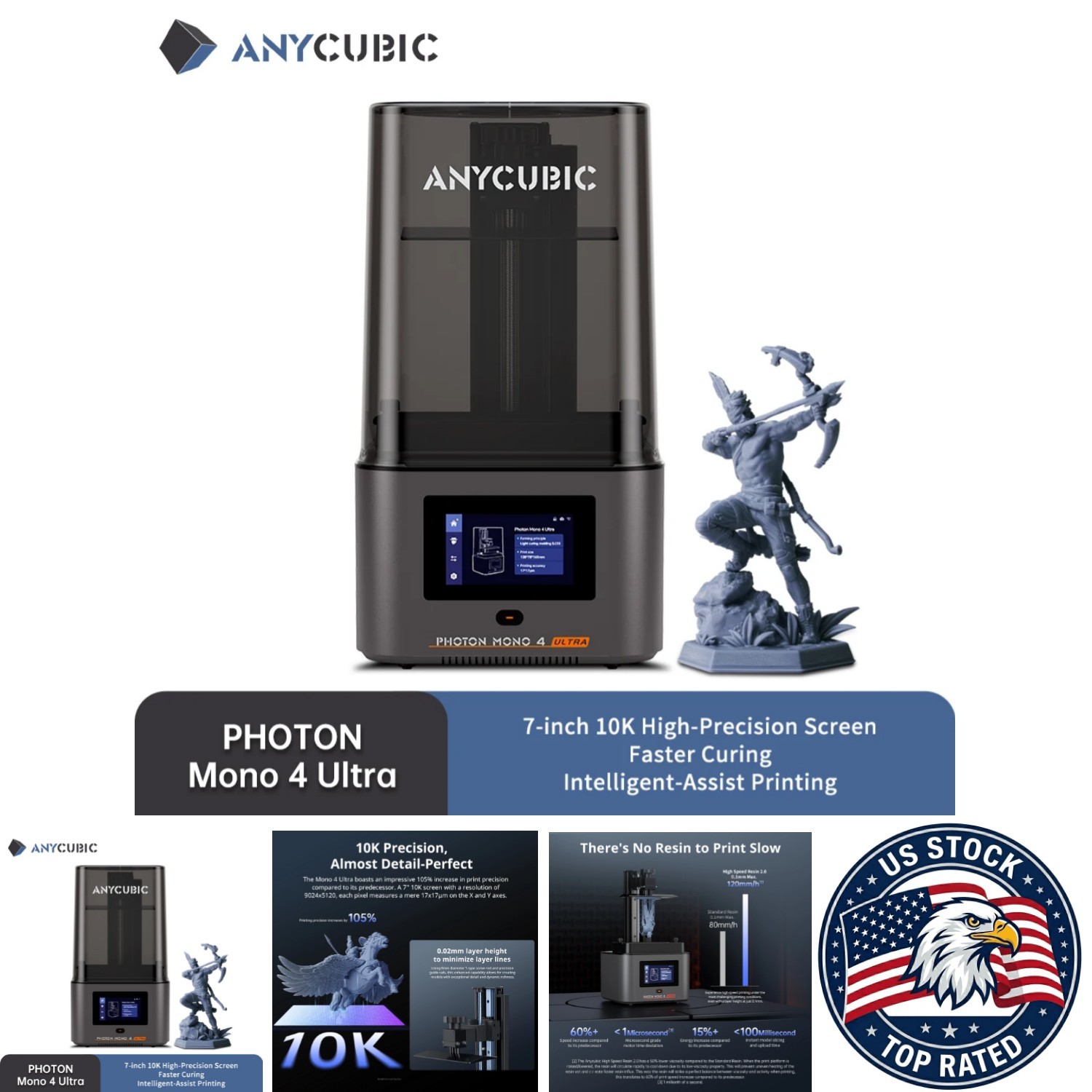 ANYCUBIC Photon Mono 4 Ultra LCD 3D Printer 7" 10K Precision - UV Resin