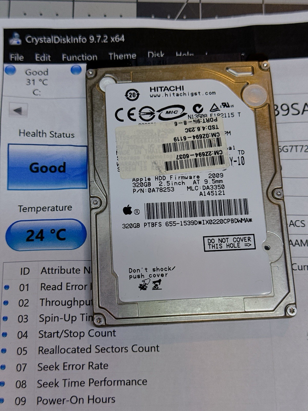 APPLE HITACHI HTS545032B9SA02 320GB SATA HARD DRIVE P/N: 0A78253  MLC: DA3350