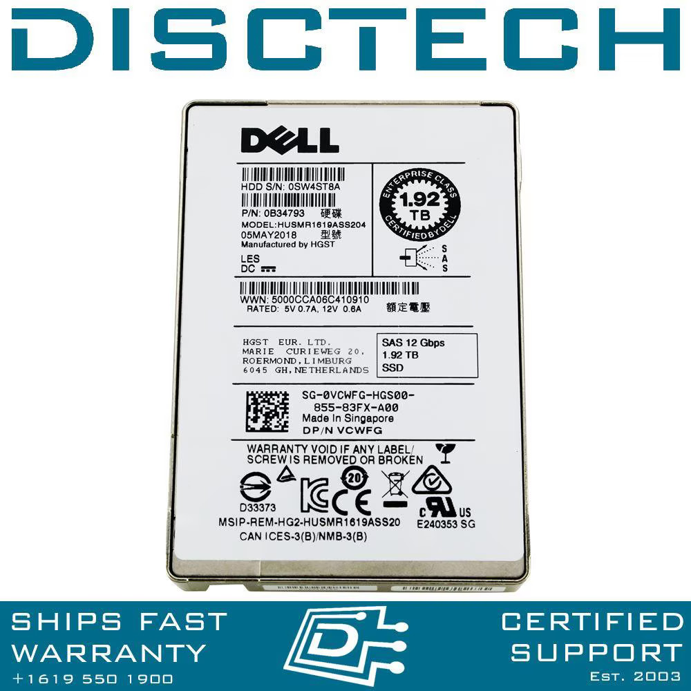 Dell VCWFG HGST Hitachi Ultrastar 0B34793 HUSMR1619ASS204 1.92TB SFF MLC SAS SSD