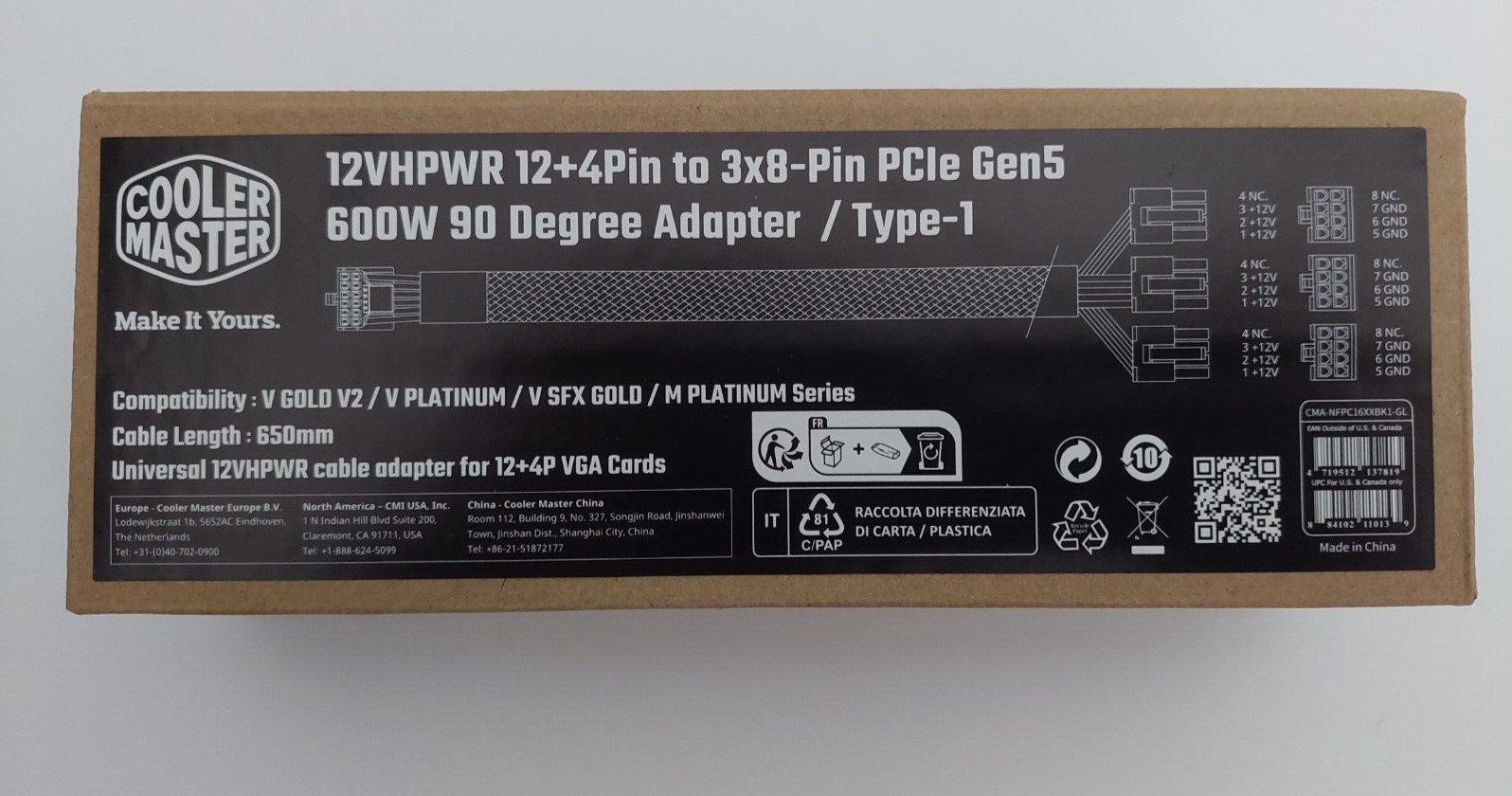 Cooler Master 650mm 90° 12VHPWR 12+4 Pin Type-1 Cable Adapter CMA-NFPC16XXBK1-GL