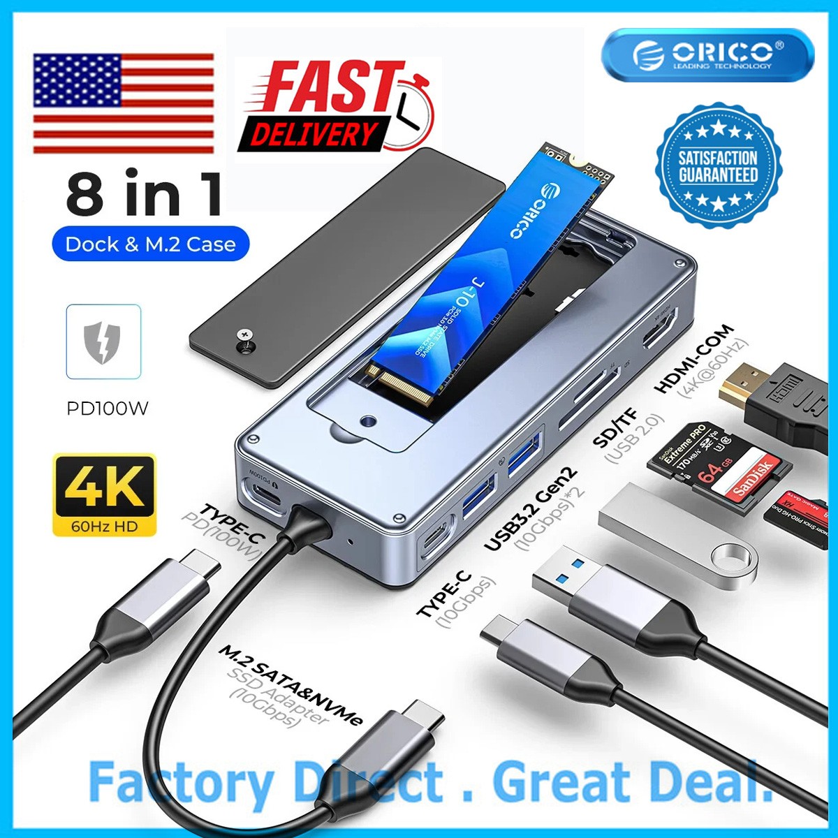 ORICO USB C Hub with M.2 SSD Enclosure, 8-in-1 Docking Station Fits M.2
