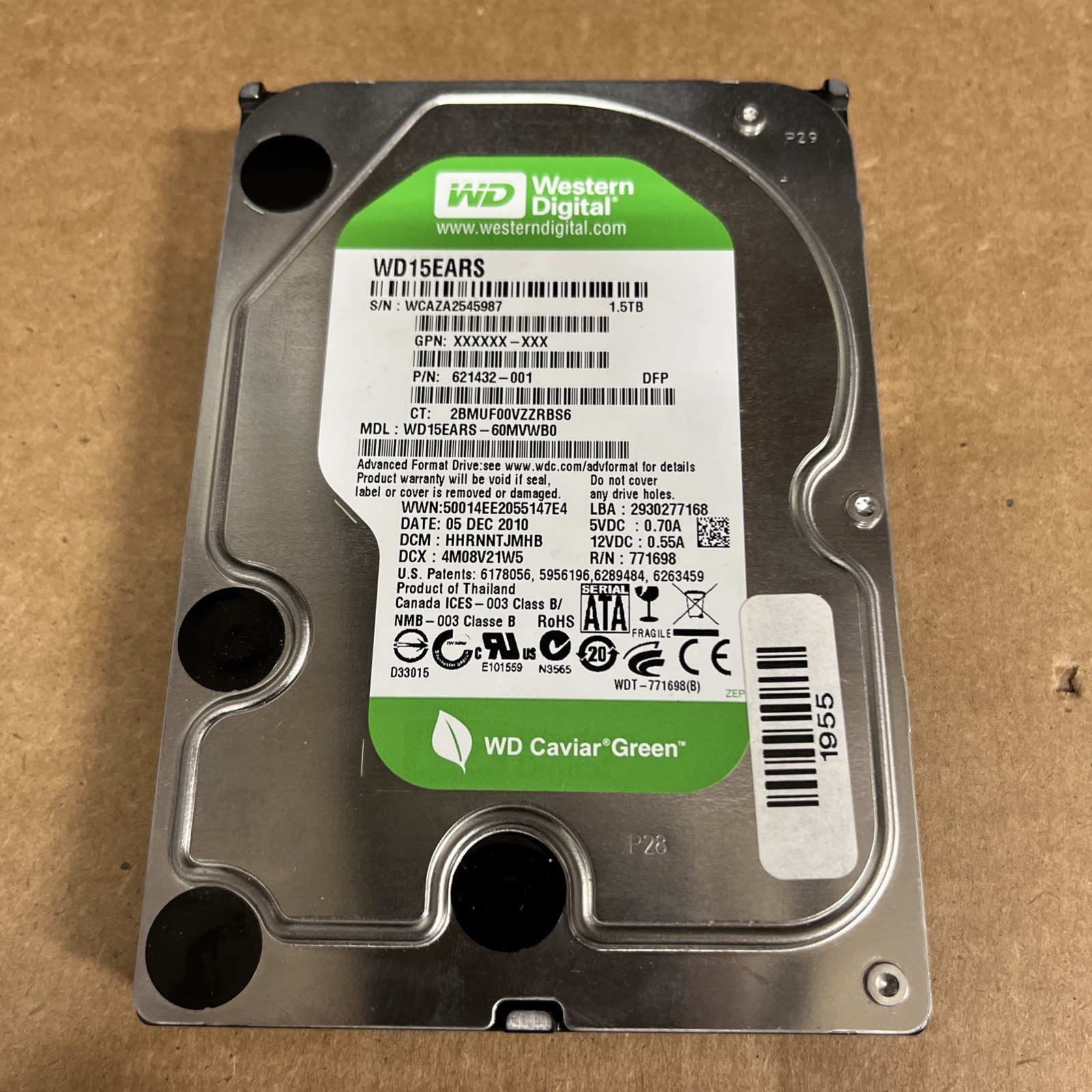 Western Digital WD15EARS-60MVWB0 1.5TB SATA 3.5" Internal Hard Drive 621432-001