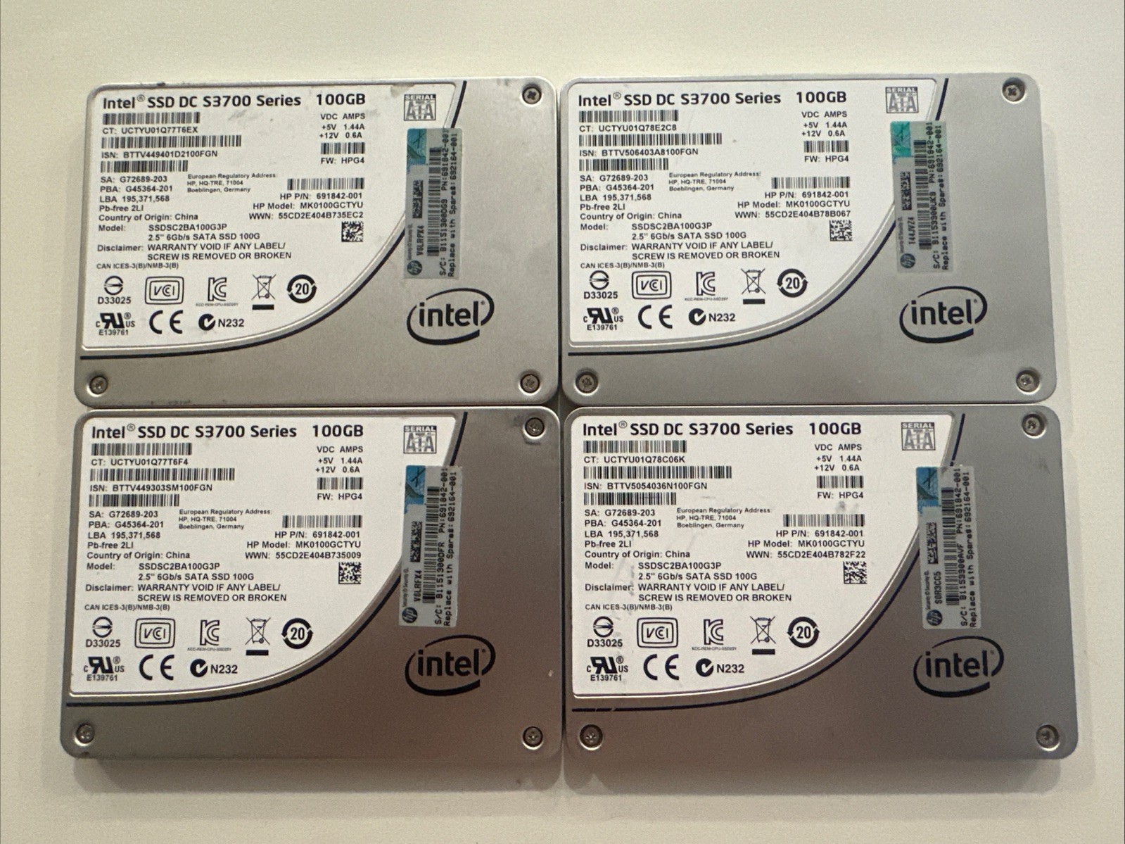 Lot of 4 HP MK0100GCTYU 100GB eMLC SATA SSD 2.5in - 0% Wear, SMART PASSED