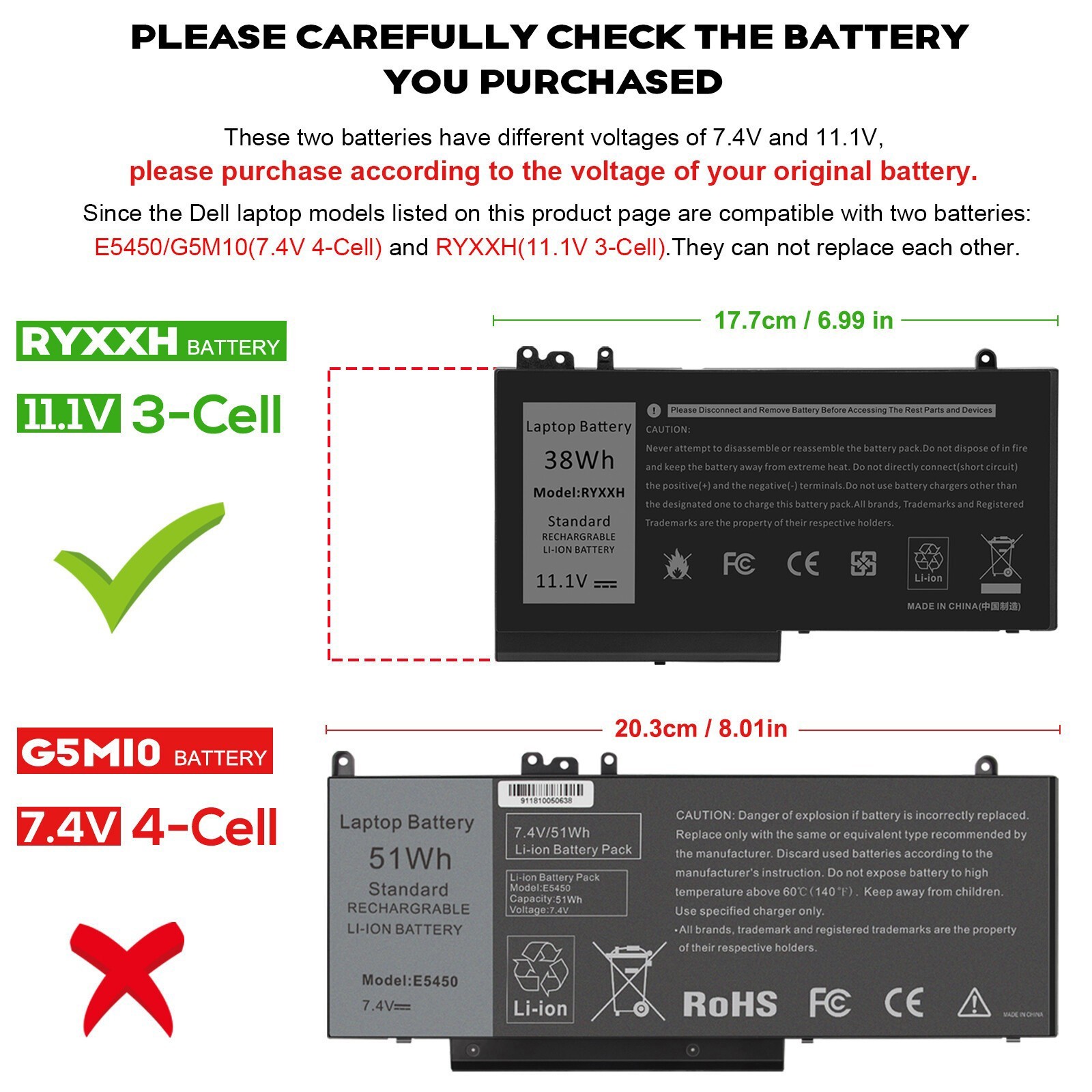 ✅LOT 1-50 RYXXH Battery For Dell Latitude E5250 E5450 E5550 3150 3160 P25S 38Wh