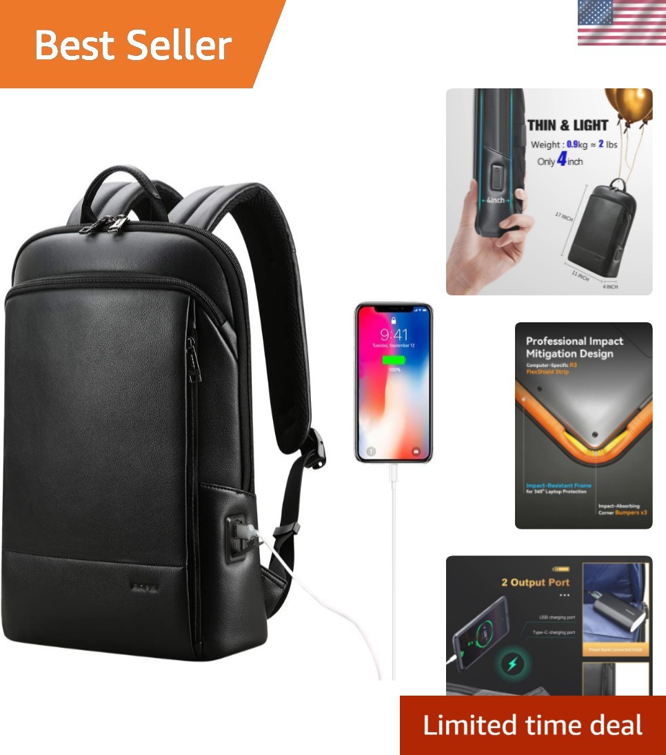 Elegant Black Leather Laptop Backpack for Professionals - Water-Resistant Design