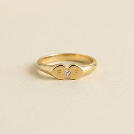 Double Initial Heart Ring with Diamond, Personalized Couple Initial Ring, Romant