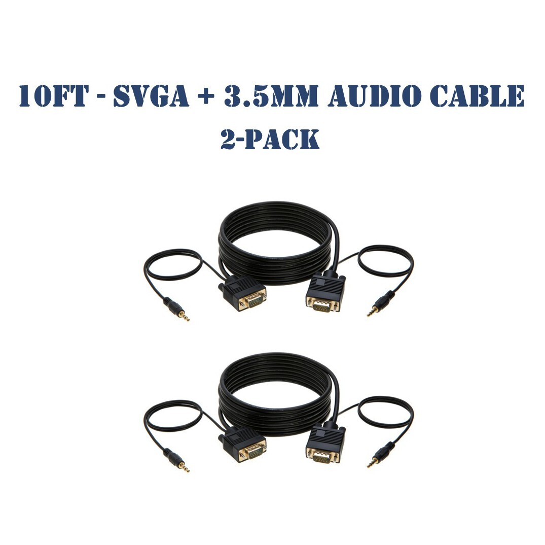 10FT SVGA Video Cable + 3.5mm Audio Aux Jack M/M PC Display Monitor Cord- 2-Pack