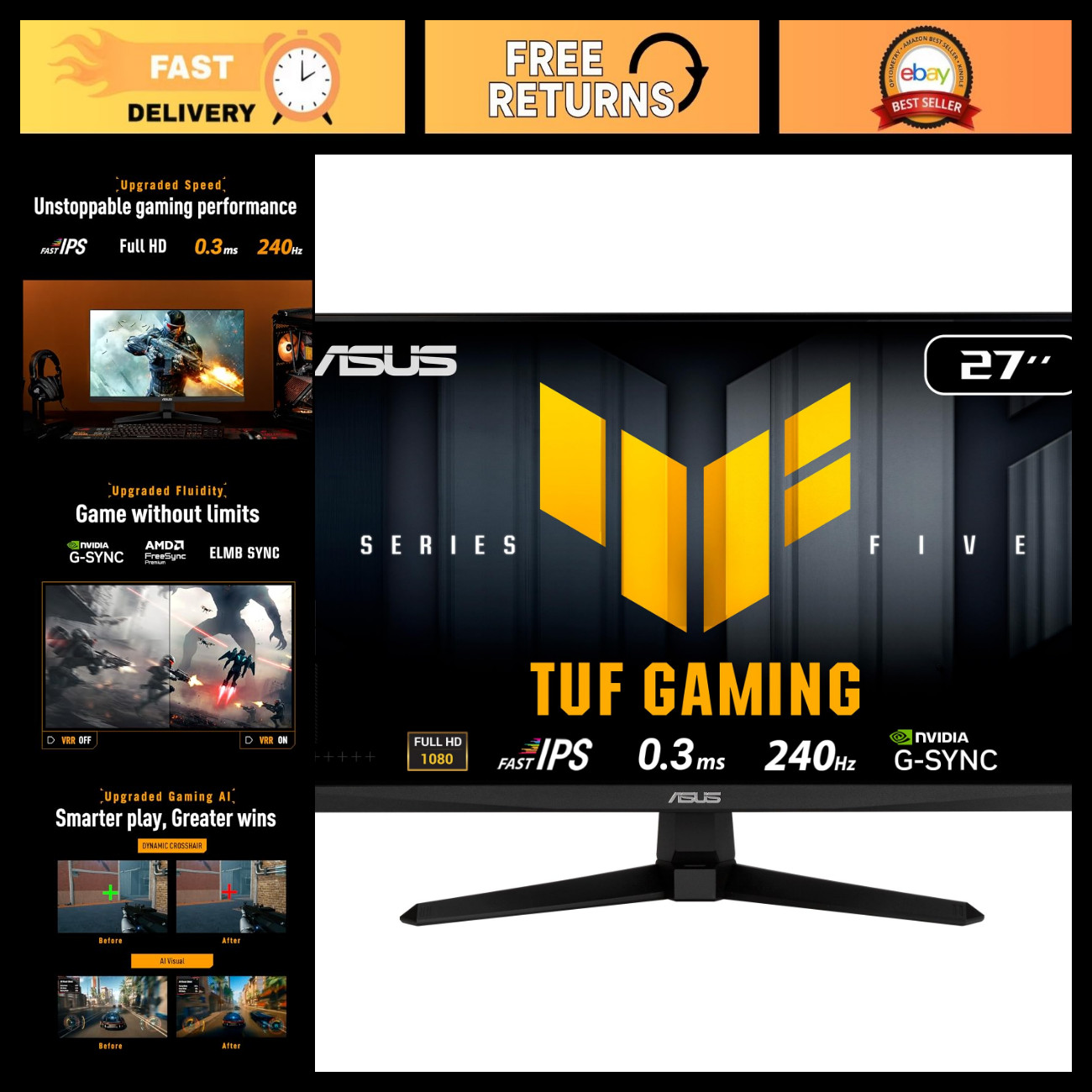 27" 1080p 240Hz Fast IPS G-SYNC Gaming Monitor - Ultra Smooth Gameplay, Low Inpu