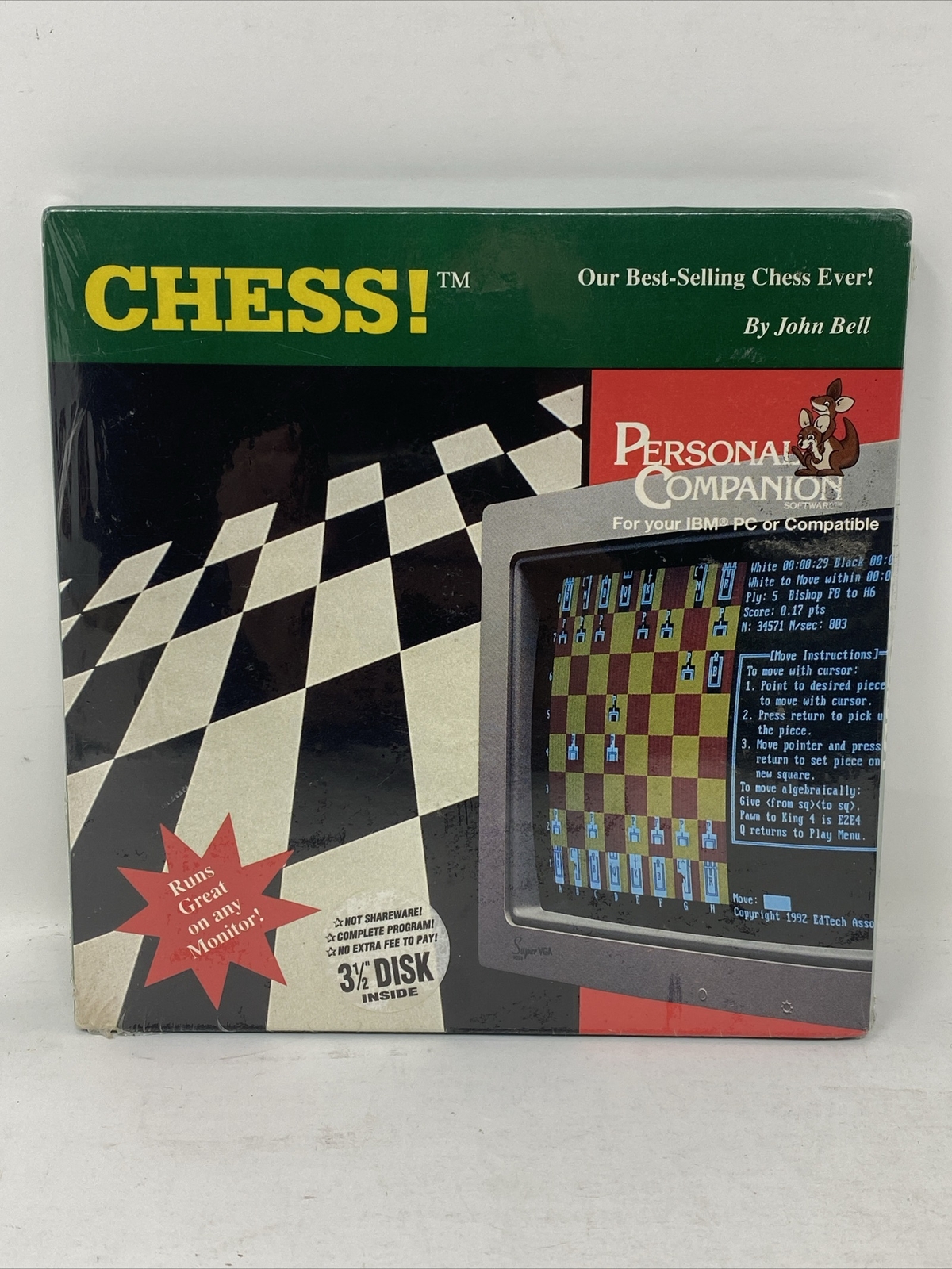 Vintage NOS Chess By John Bell Personal Companion Software IBM PC 3 1/2” Disk