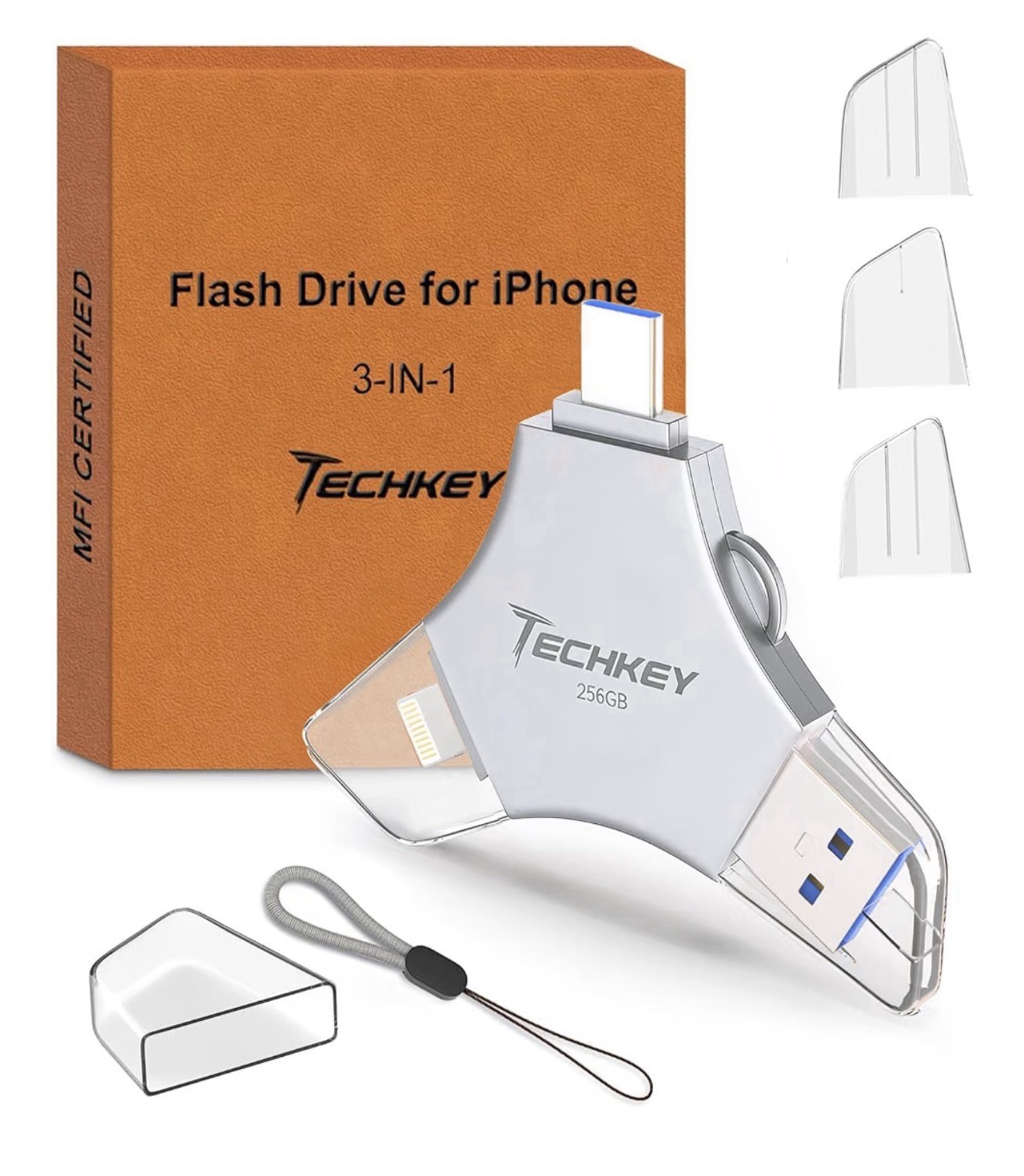Techkey 256GB 3-in-1 USB 3.0 Flash Drive USB-C Lightning White Plug & Play