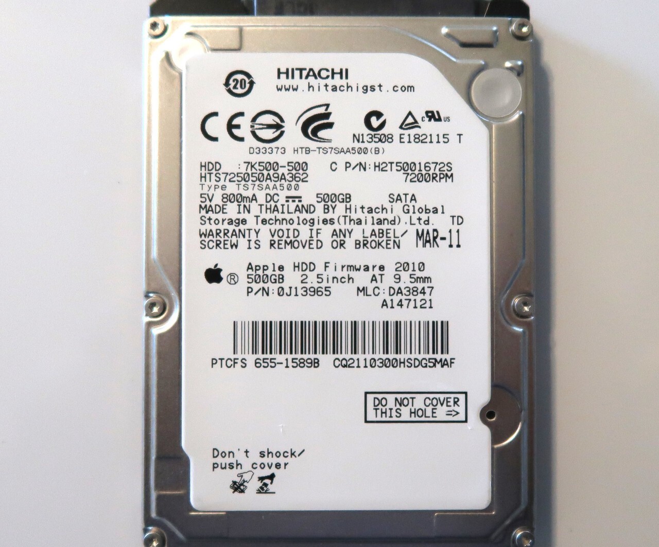 Hitachi HTS725050A9A362 PN: 0J13965 MLC:DA3847 Thailand 2.5" 500gb HDD MAR-11