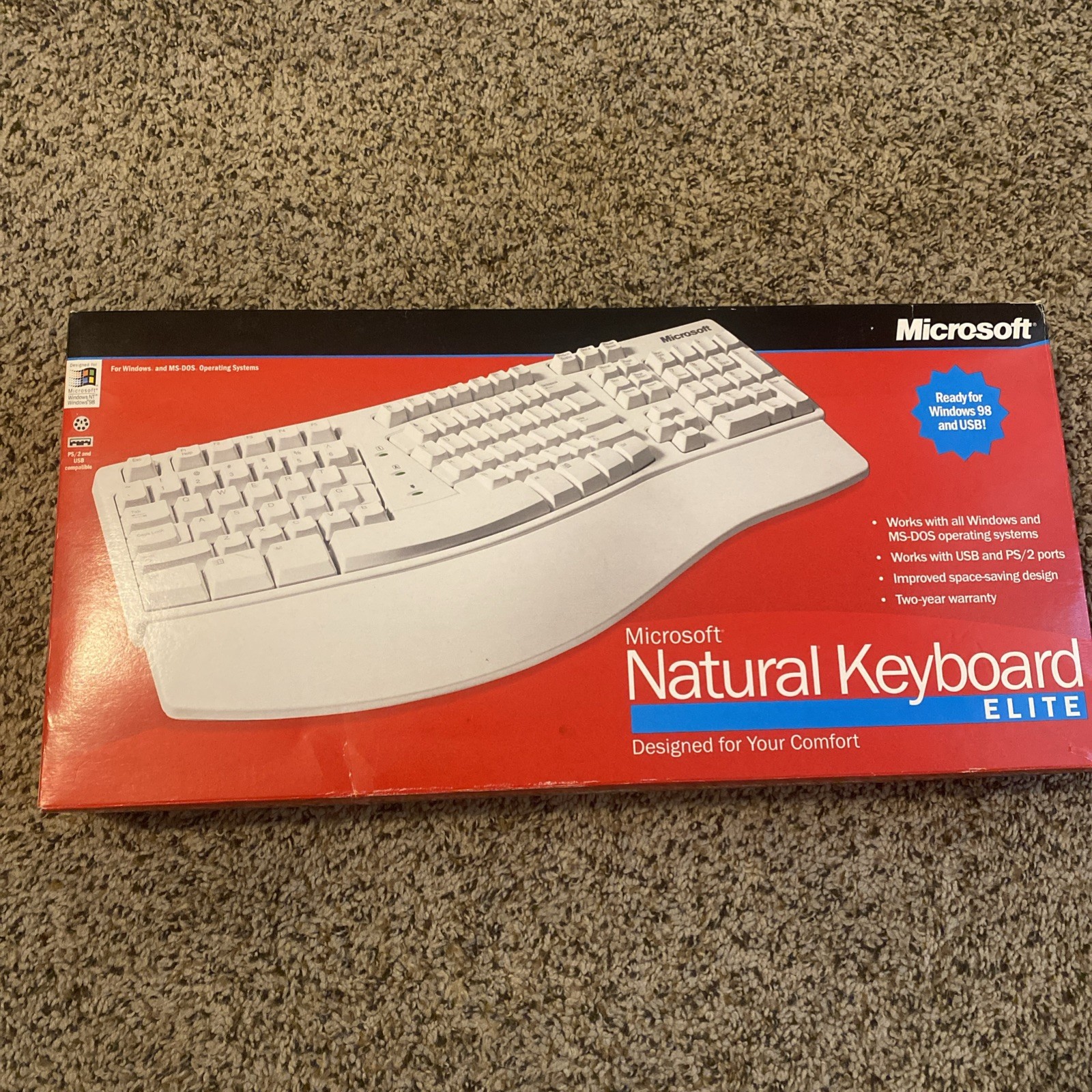 Vintage Microsoft Natural Keyboard Elite Ergonomic  PS/2/USB White 2001 OPEN BOX