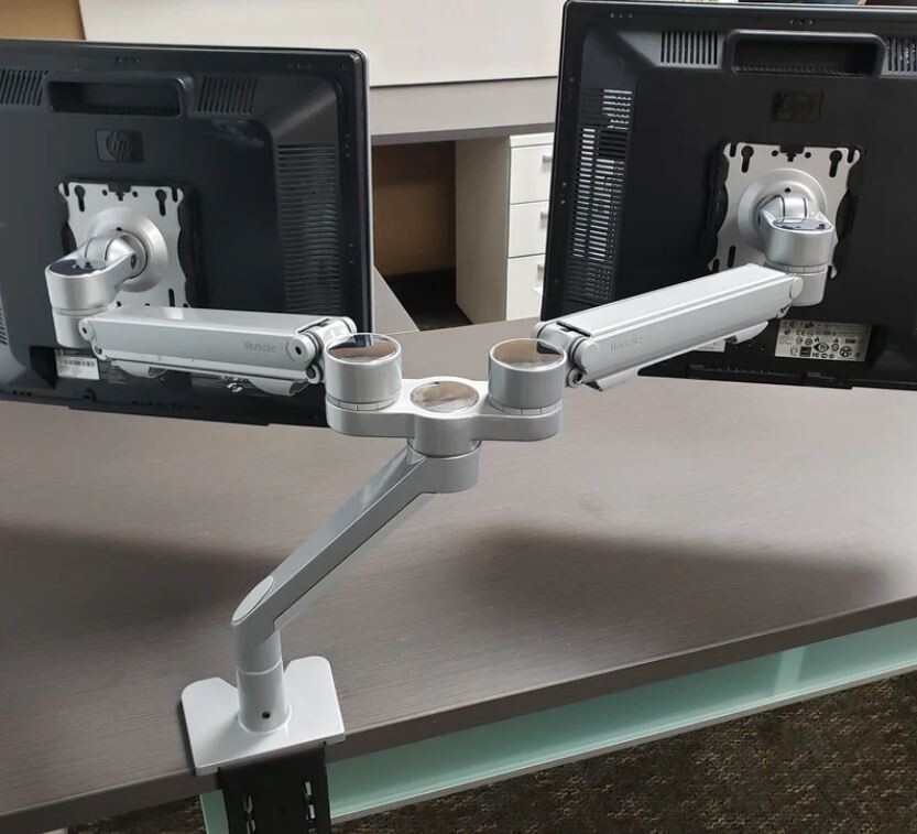 Workrite Willow Dual Clamp-On Adjustable, Articulating Monitor Arm, Silver