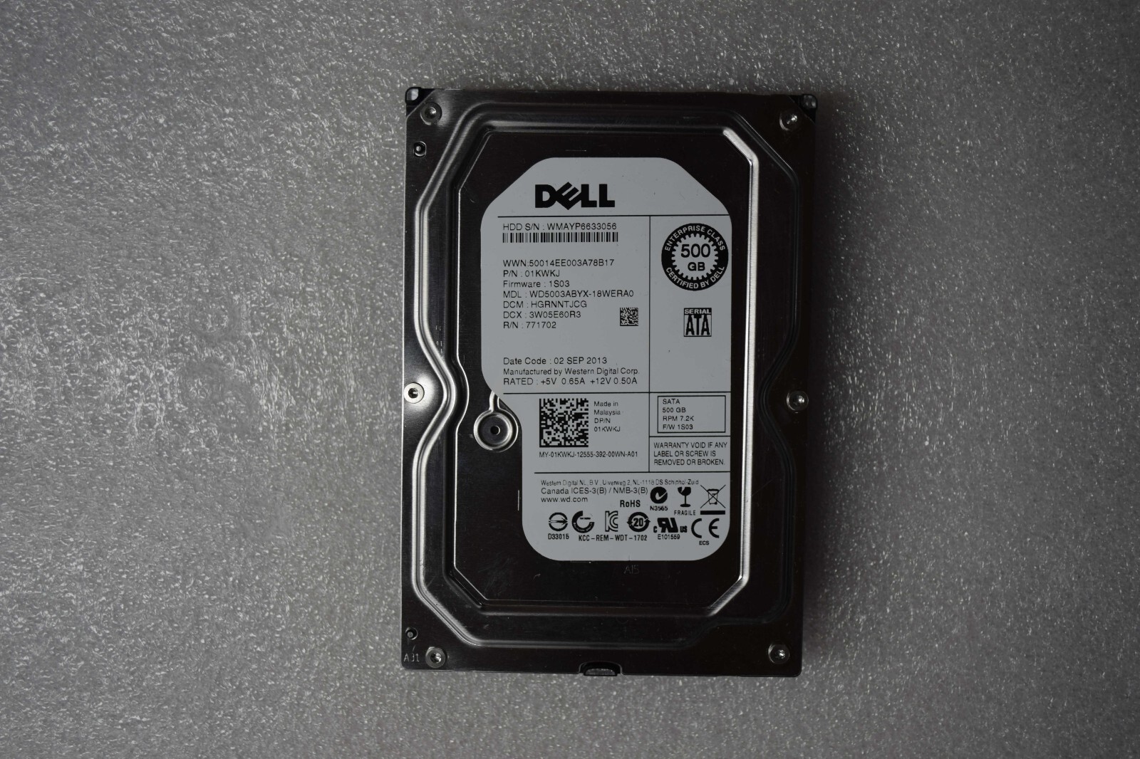 DELL 500GB 7.2K SATA 3Gbps 64M 3.5 Hard Drive 01KWKJ Grade A 1KWKJ