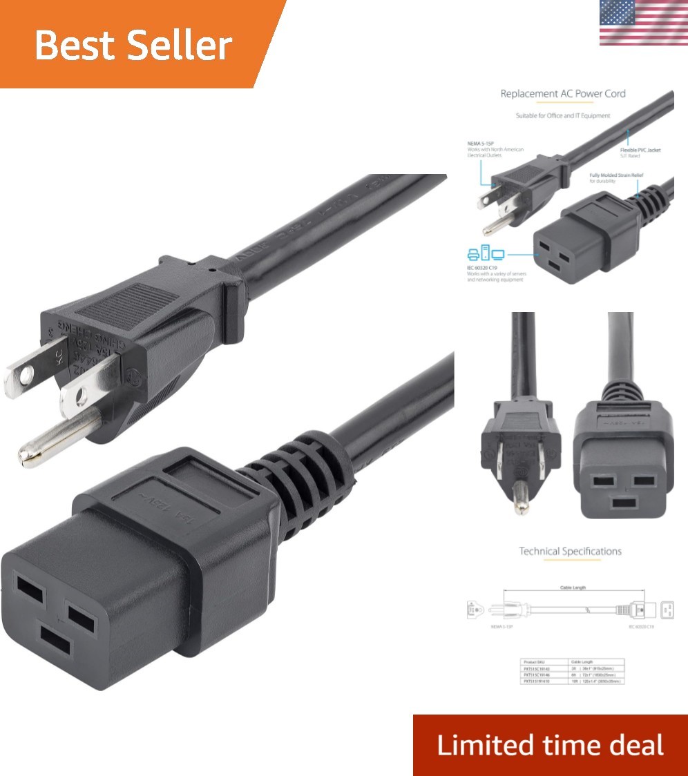 6ft 1.8m Heavy Duty Power Cord, NEMA 5-15P To C19 AC Power Cord, 15A 125V, 14...