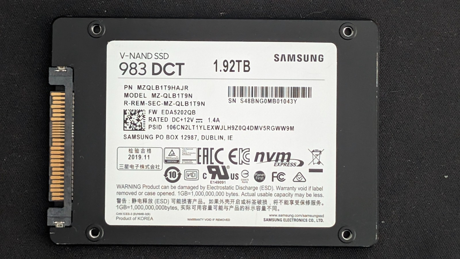 Samsung 983 DCT 1.92TB V-NAND U.2 NVMe 2.5" SSD (MZ-QLB1T9N)