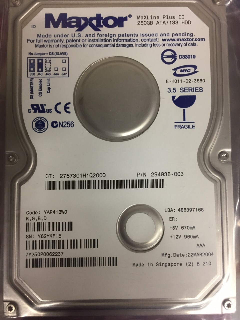 HP 339666-001 MAXTOR 250GB 7200RPM Ultra ATA/100 Disk Drive no tray 294938-003