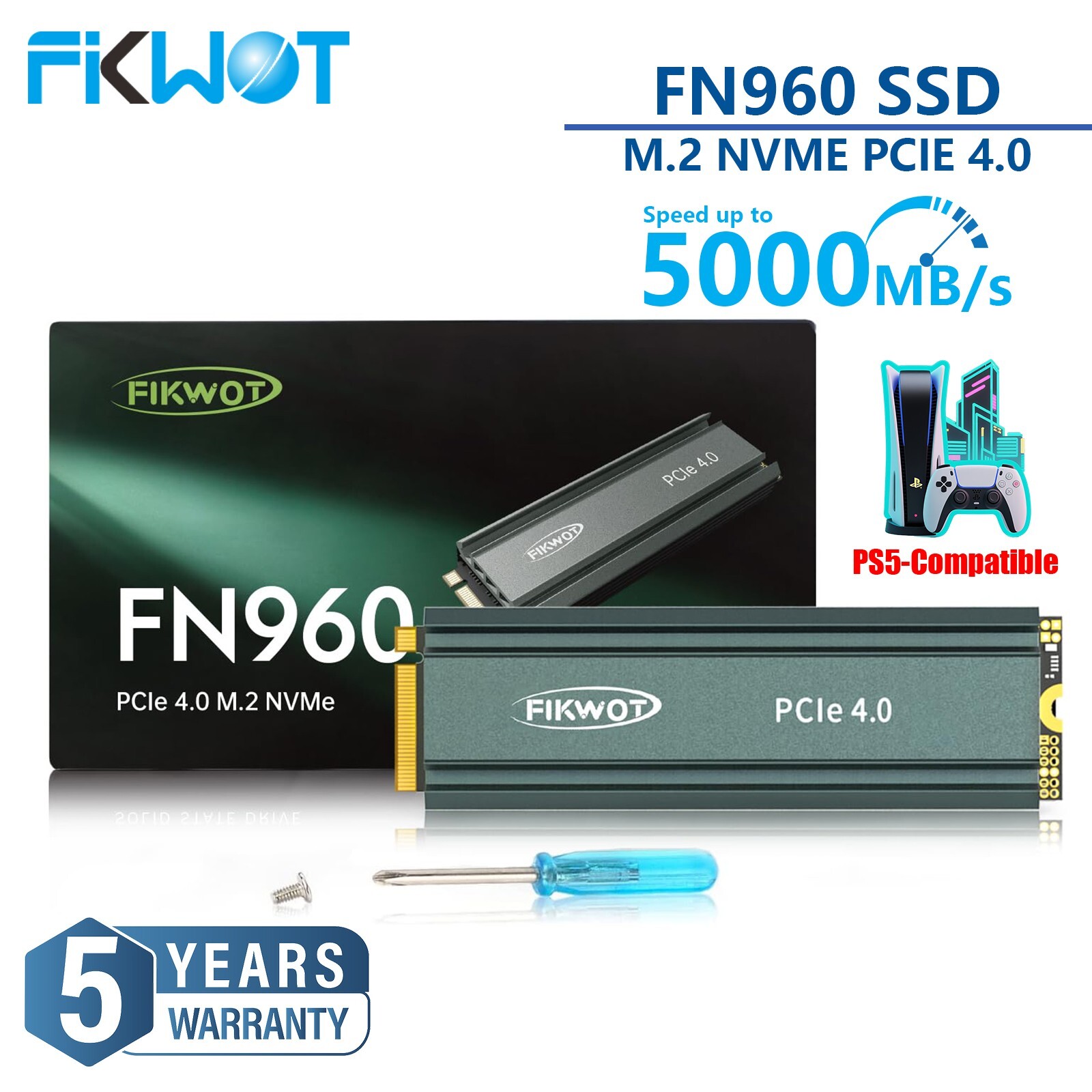 Fikwot 2TB M.2 NVME SSD Heatsink PCIe 4.0 Internal Solid State Drive For PS5 /PC