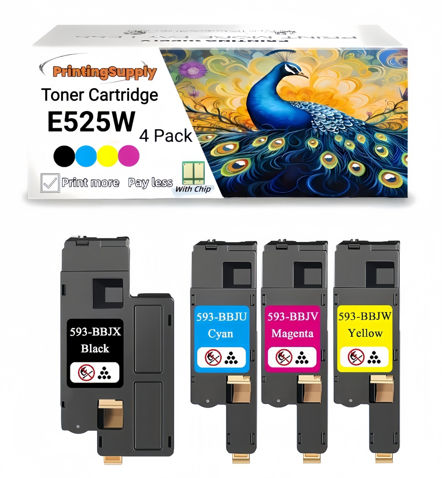 4 PK E525W BKCMY Toner Compatible for Dell 593-BBJX 593-BBJU 593-BBJV 593-BBJW