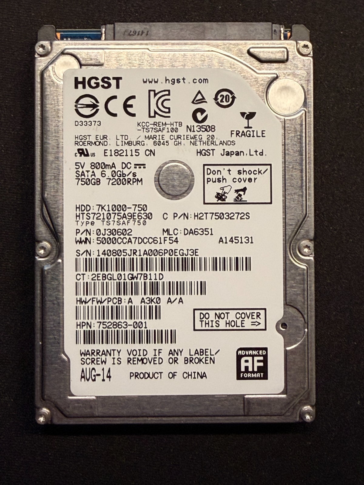 HGST 750GB  7200RPM 32MB SATA 2.5" 6.0 Gb/s HTS721075A9E630 Laptop Hard Drive