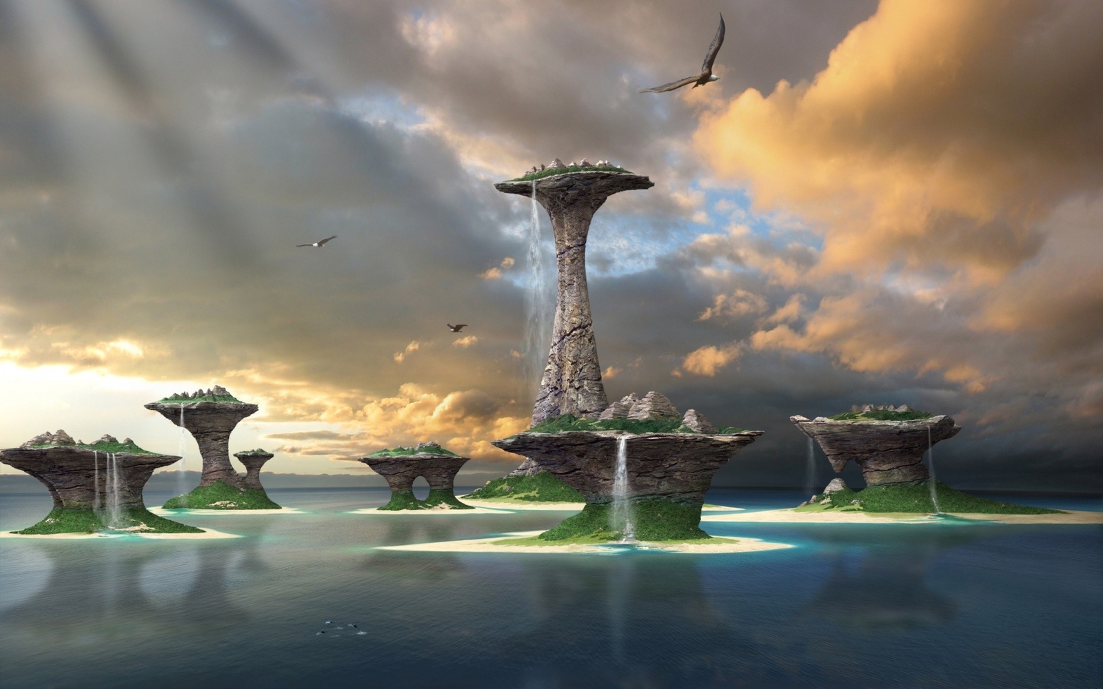 Landscape abstract science fiction rocks water sun rays Custom Gaming Mat Desk