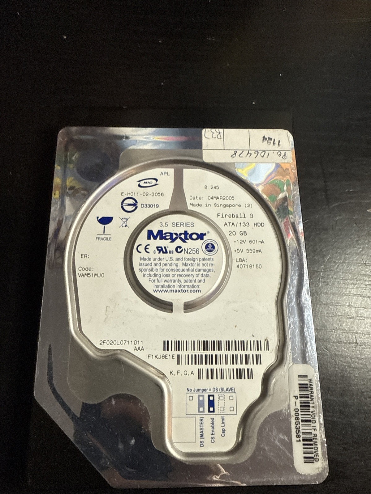 MAXTOR FIREBALL 3 2F020J0 20GB IDE HARD DRIVE CODE: VAM51JJ0