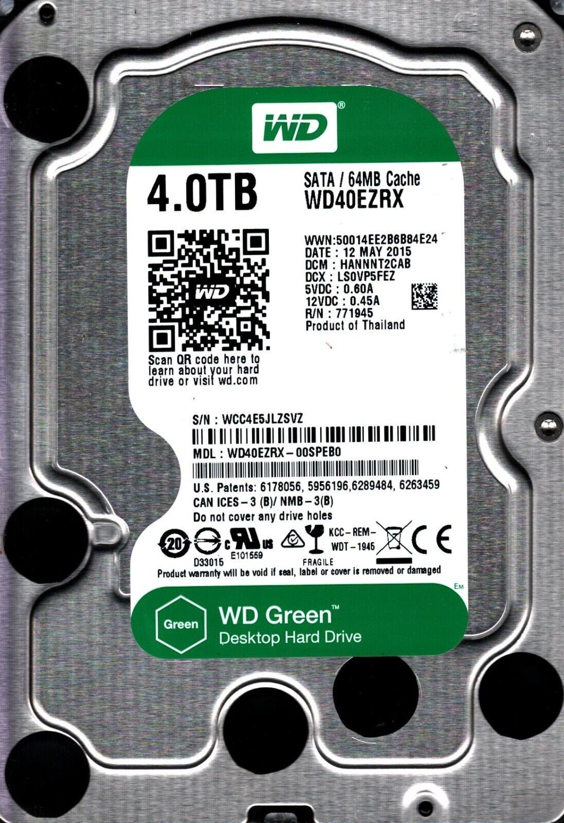 WD40EZRX-00SPEB0 S/N: WCC4E DCM: HANNNT2CAB WESTERN DIGITAL 4TB THAILAND MAY 201