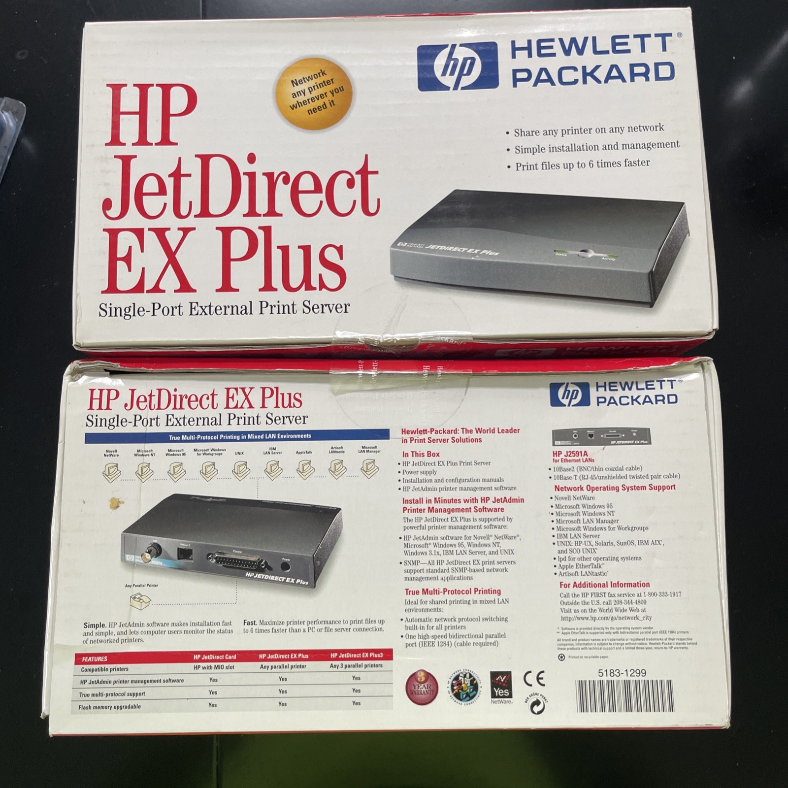 2 New HP JetDirect EX Plus Print Server J2596A With Power Supply