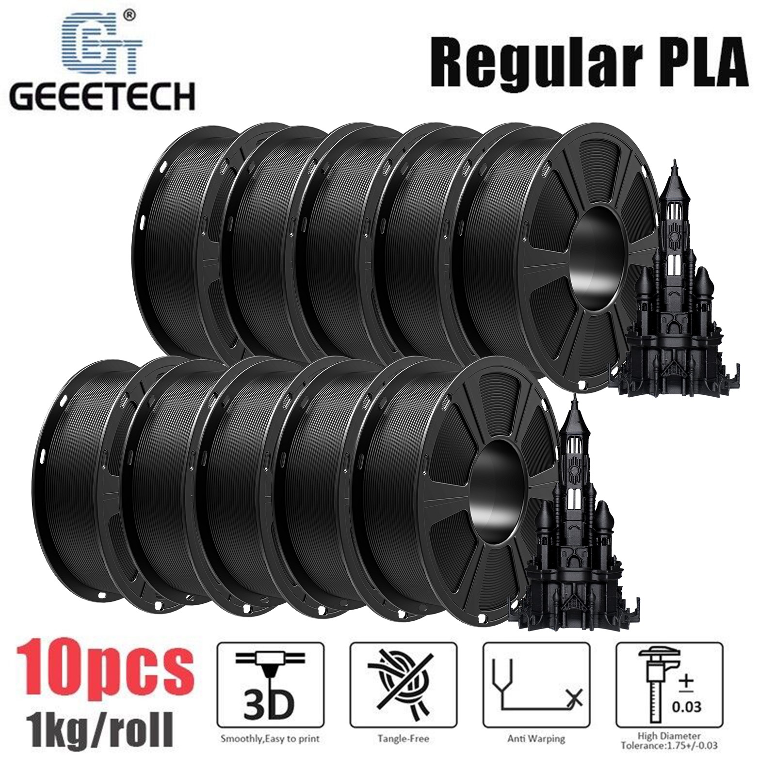 10pcs 1kg/roll GEEETECH Regualr PLA Black 3D Printer Filament 1.75mm Consumables