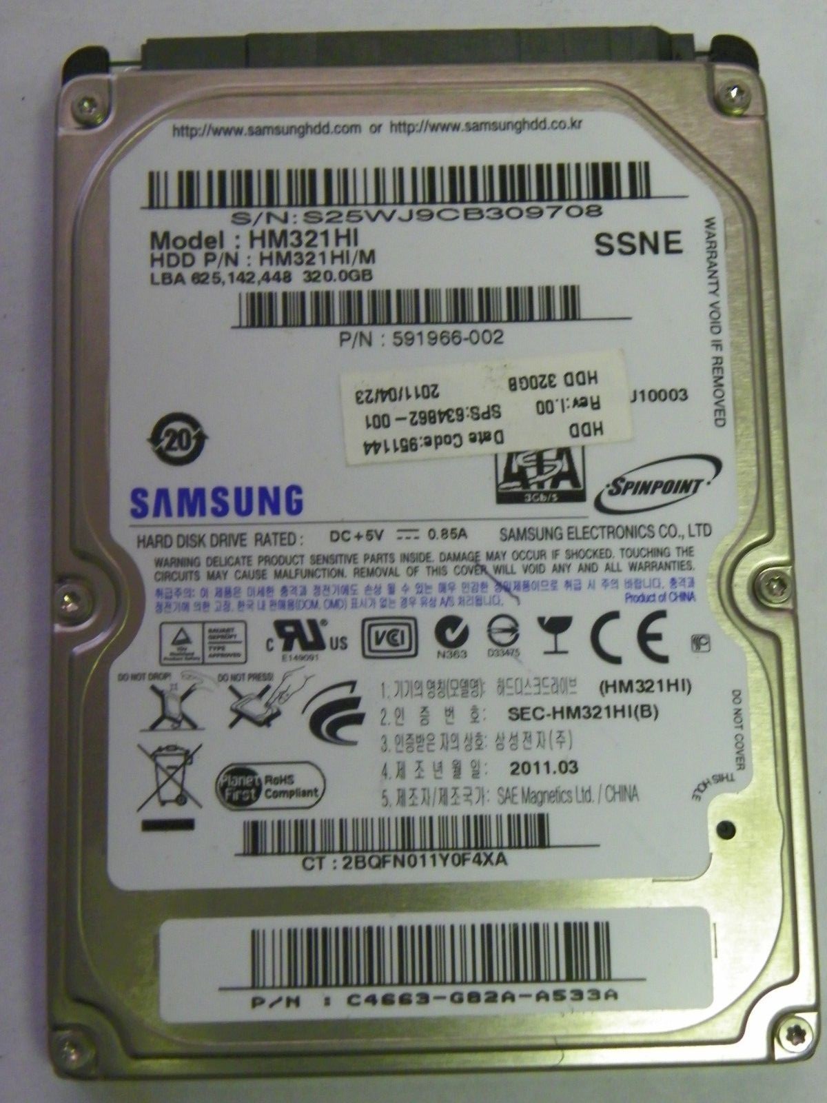 Samsung HM321HI P/N: HM321HI/M FW:2AJ10003 Laptop 320GB 2.5" SATA HDD 591966-002