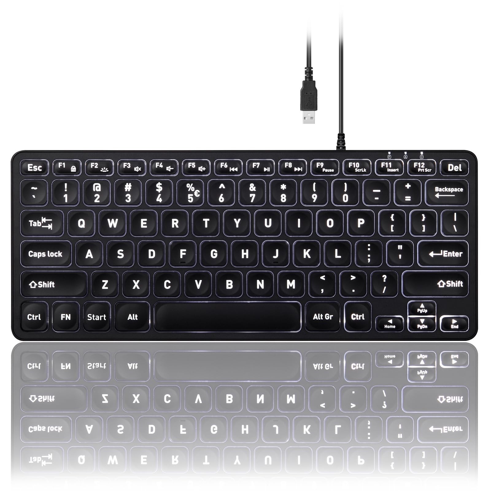 Wired Backlit USB Mini Keyboard - Slim Scissor Keys, Big Font, LED Illumination