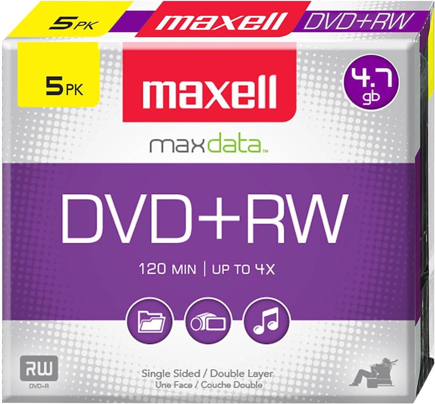 NEW Maxell DVD+RW Rewritable Disc 4.7 GB 4x Jewel Case Silver 5 Pack Maxdata