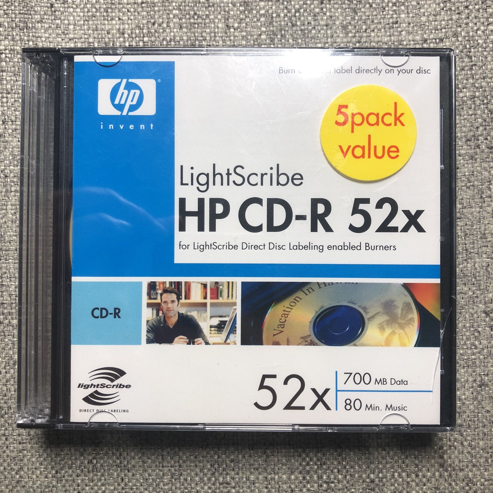 New HP LightScribe CD-R Recordable Discs 52x 700MB 5-Pack Jewel Case