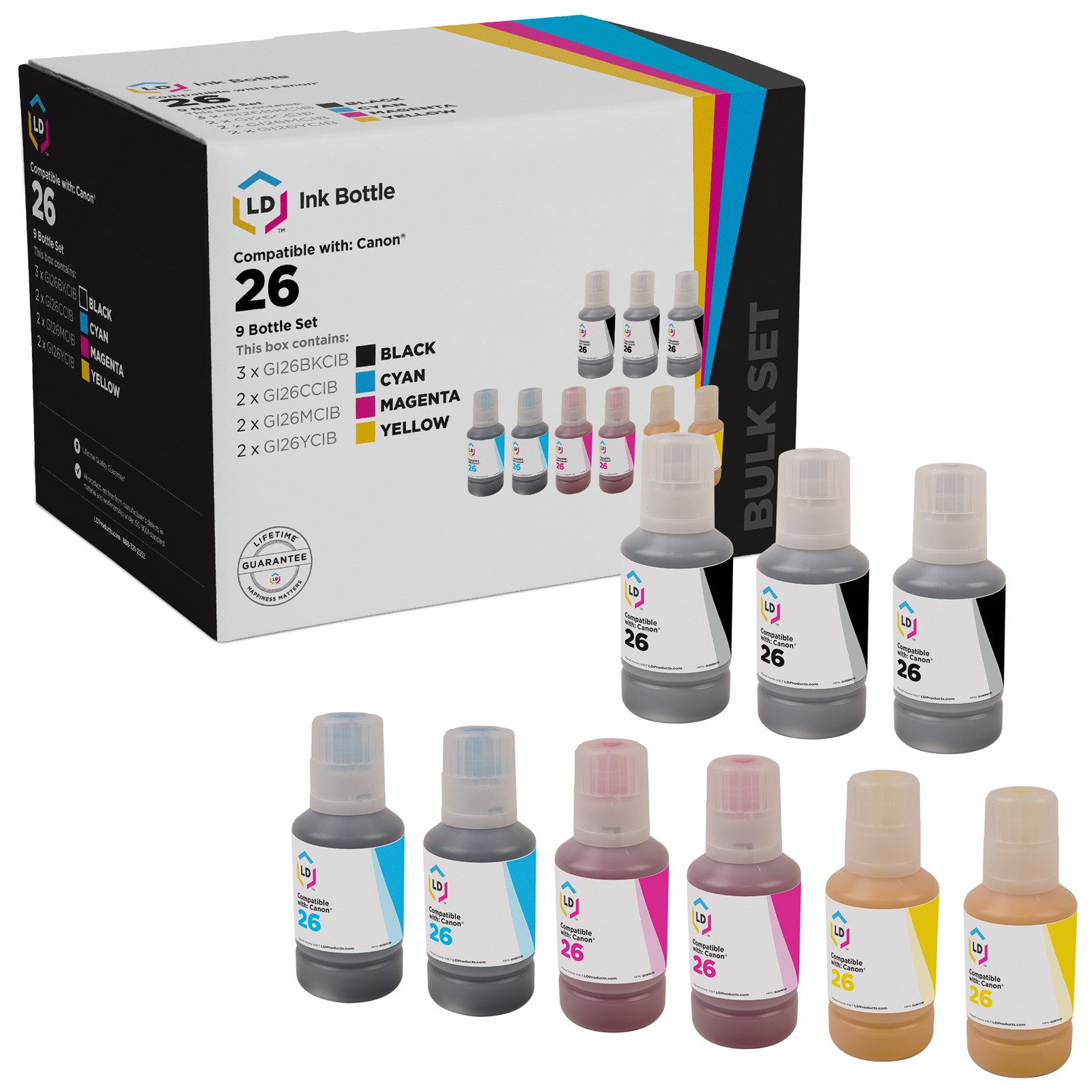 LD Ink Bottle Replacement for Canon GI-26 / GI26 (3 B, 2 C, 2 M, 2 Y, 9-Pack)