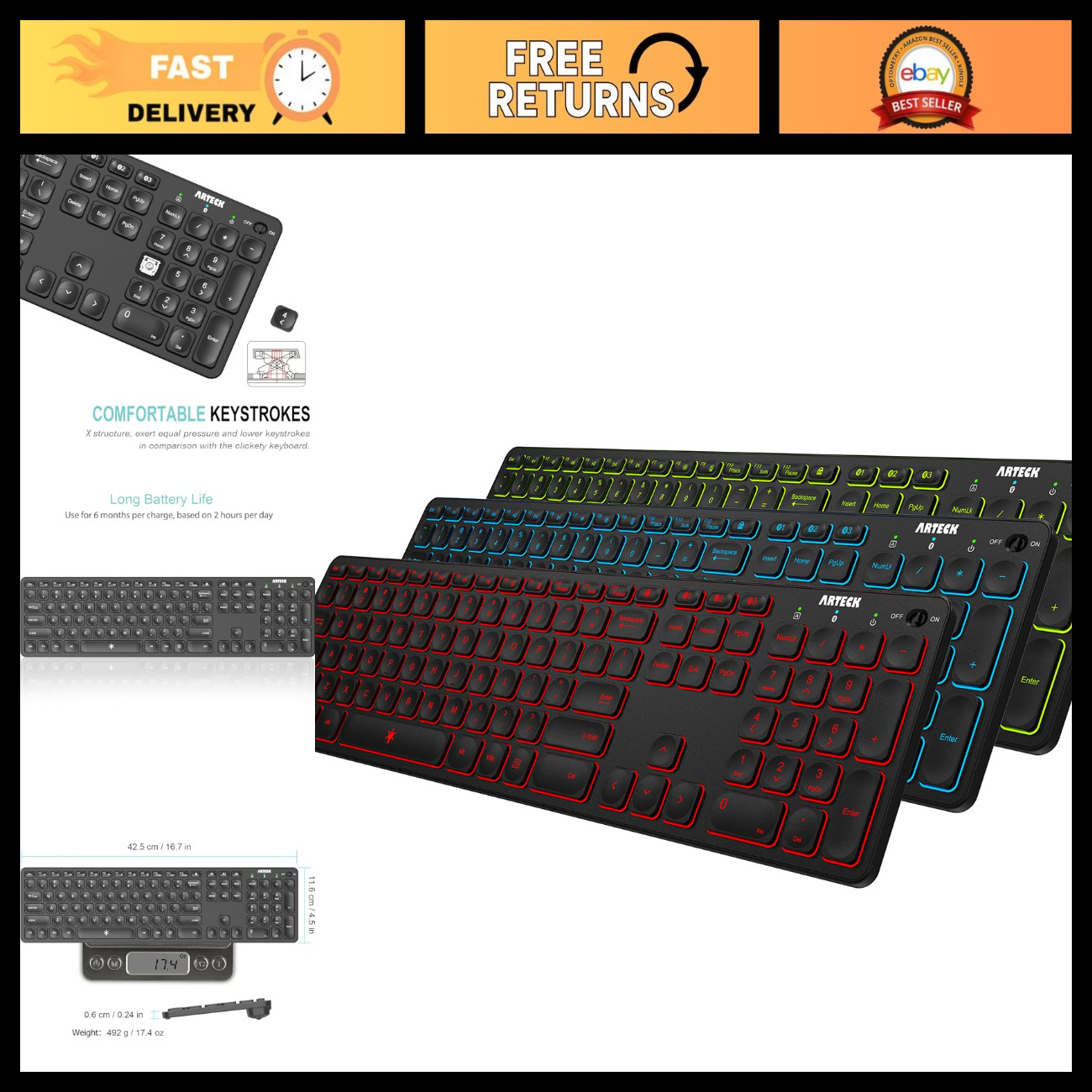 Universal Backlit Wireless Bluetooth Keyboard - 7 Colors, Adjustable Brightness,