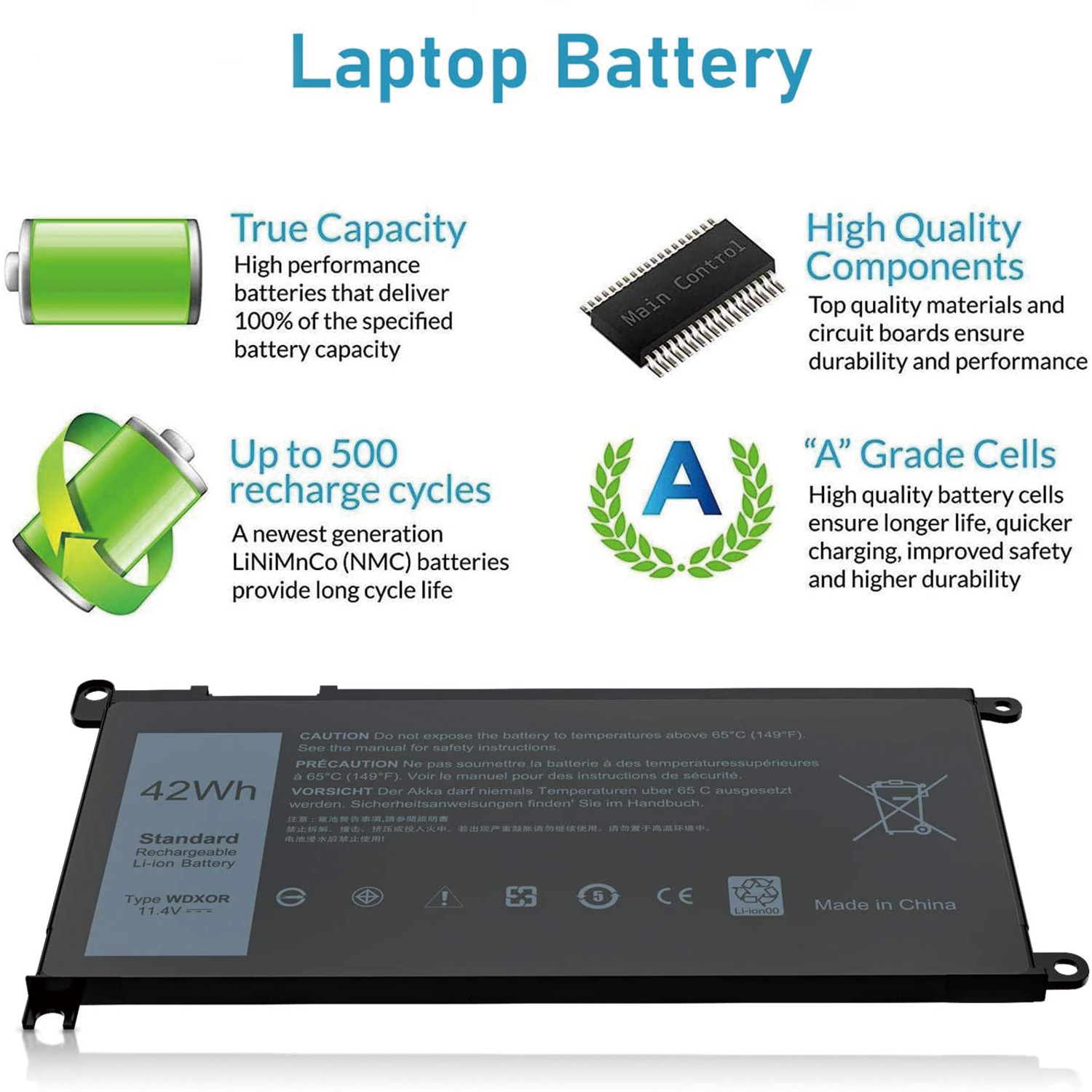WDX0R WDXOR Laptop Battery 42Wh For Inspiron 15 5567 5568 13 7569 7579 5368 7368