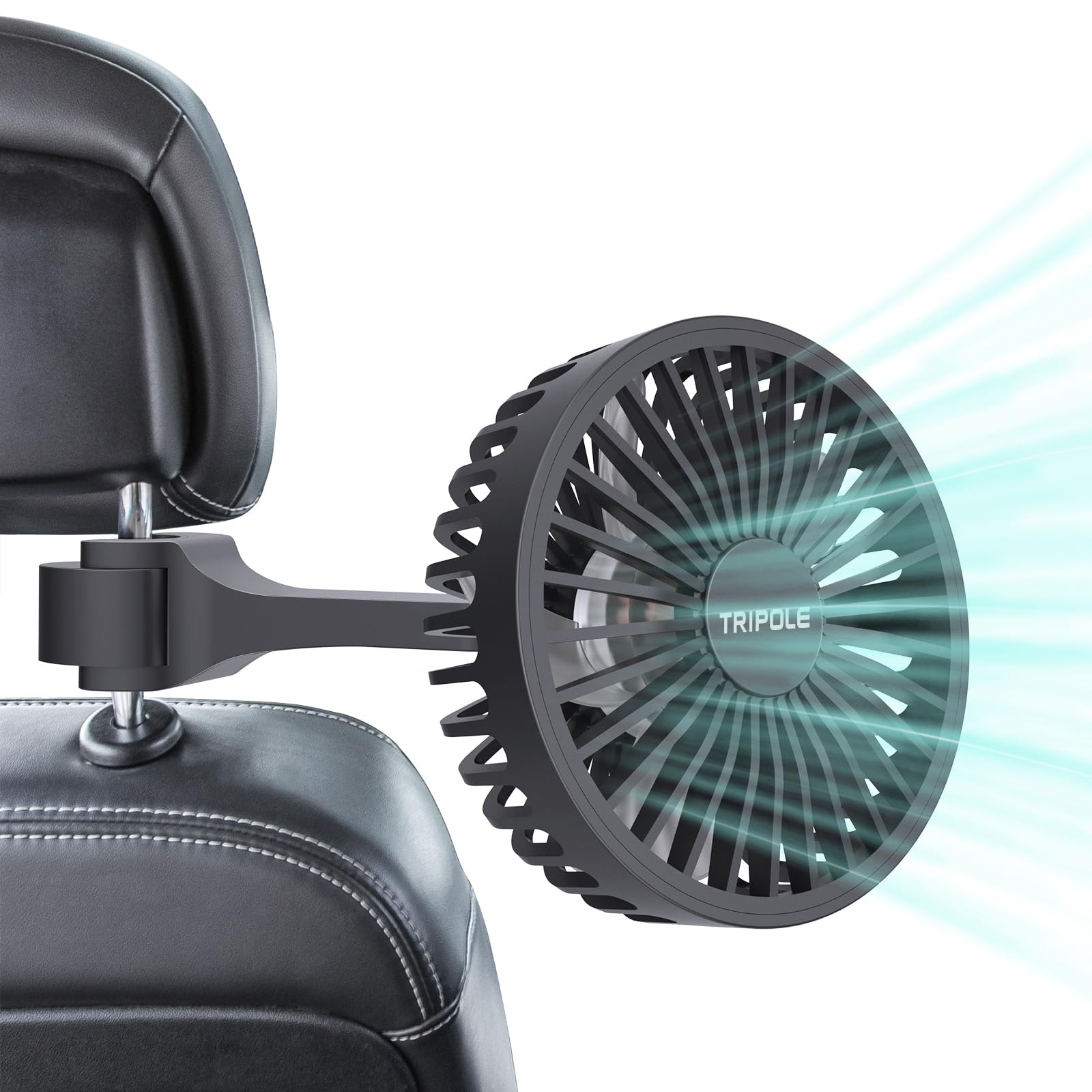 TriPole Car Fan for Rear Seat USB Powered Powerful 3 Speed 4*4*6.5 in, Black