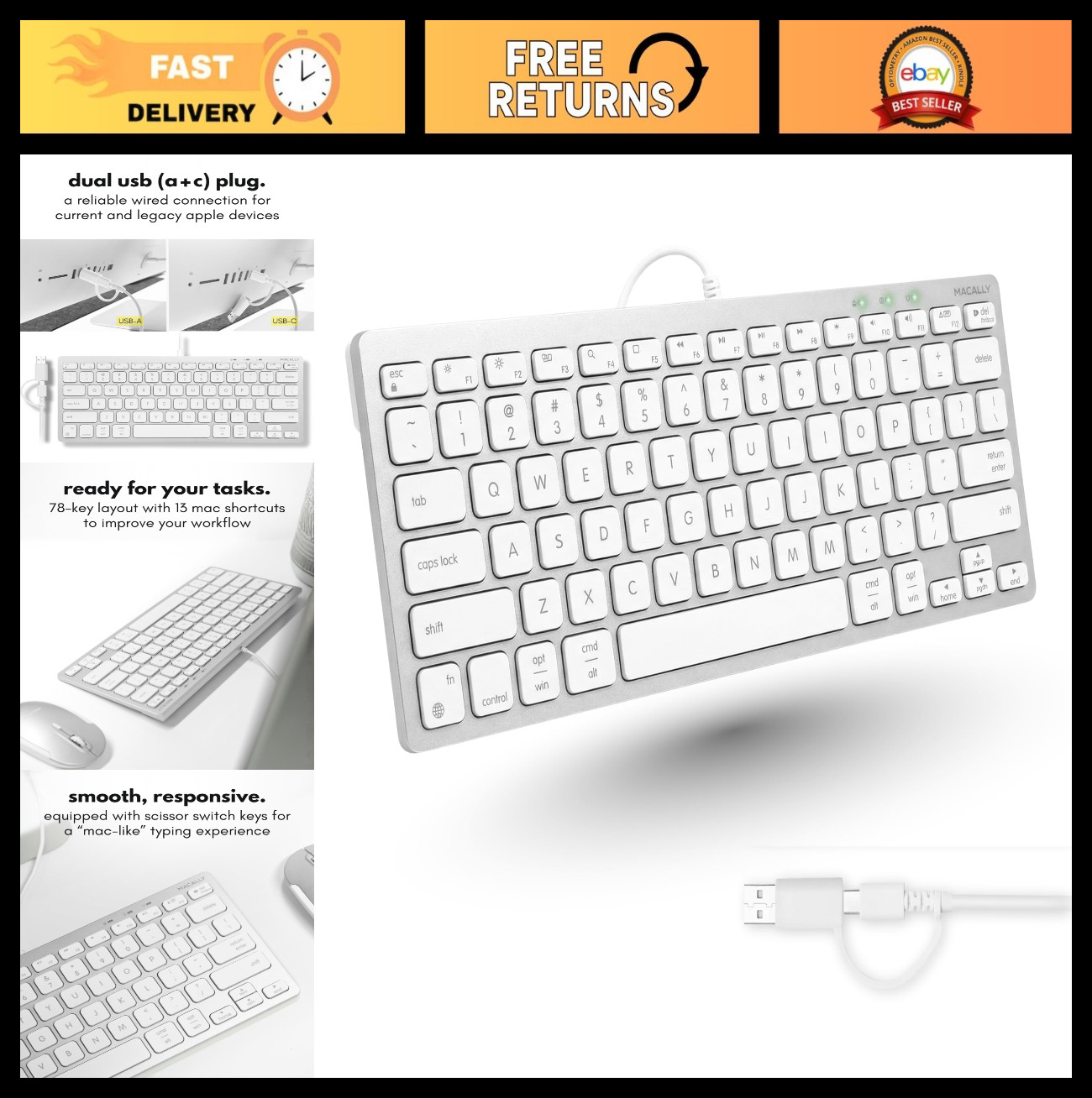 USB C Wired Keyboard for MacBook Pro/Air, iMac & Mac Mini – Compact & Versatile