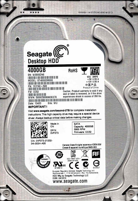 ST4000DM000 P/N: 1F2168-500 F/W: CC52 WU W300 04/2013 Seagate 4TB