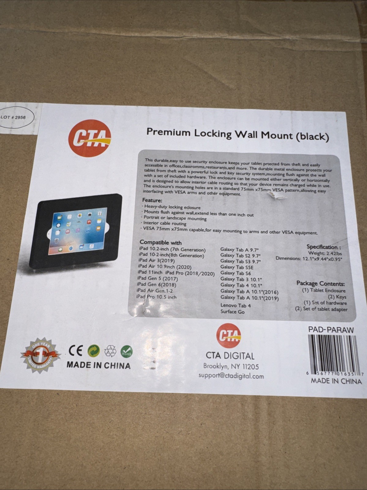 CTA Digital Premium Anti-Theft iPad Locking Wall Mount - Black PAD-PARAW NEW
